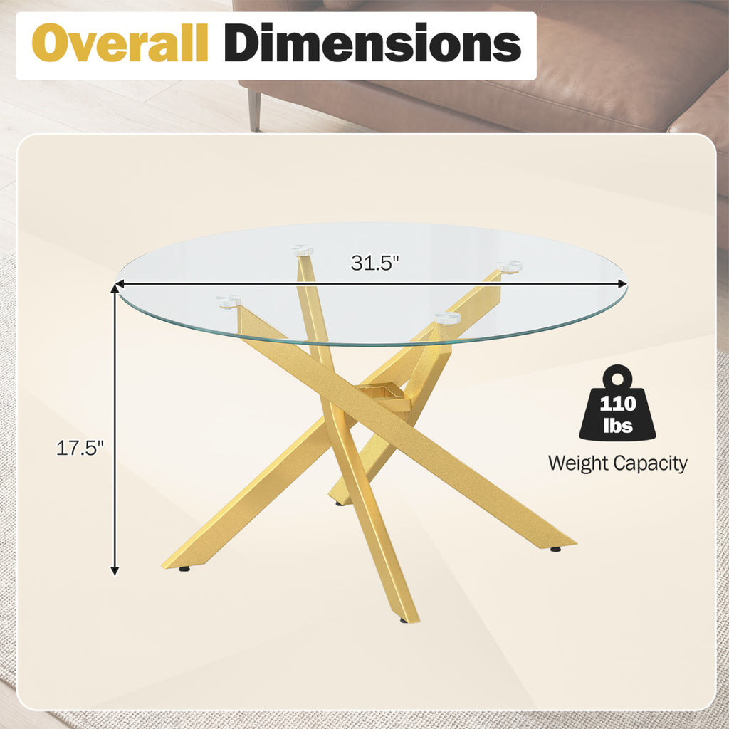 Glass Coffee Table Round Clear Center Table with Tempered Glass Top-Golden