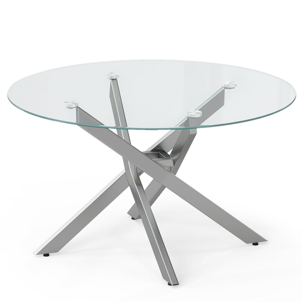 Glass Coffee Table Round Clear Center Table with Tempered Glass Top-Silver