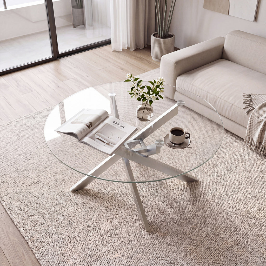 Glass Coffee Table Round Clear Center Table with Tempered Glass Top-Silver