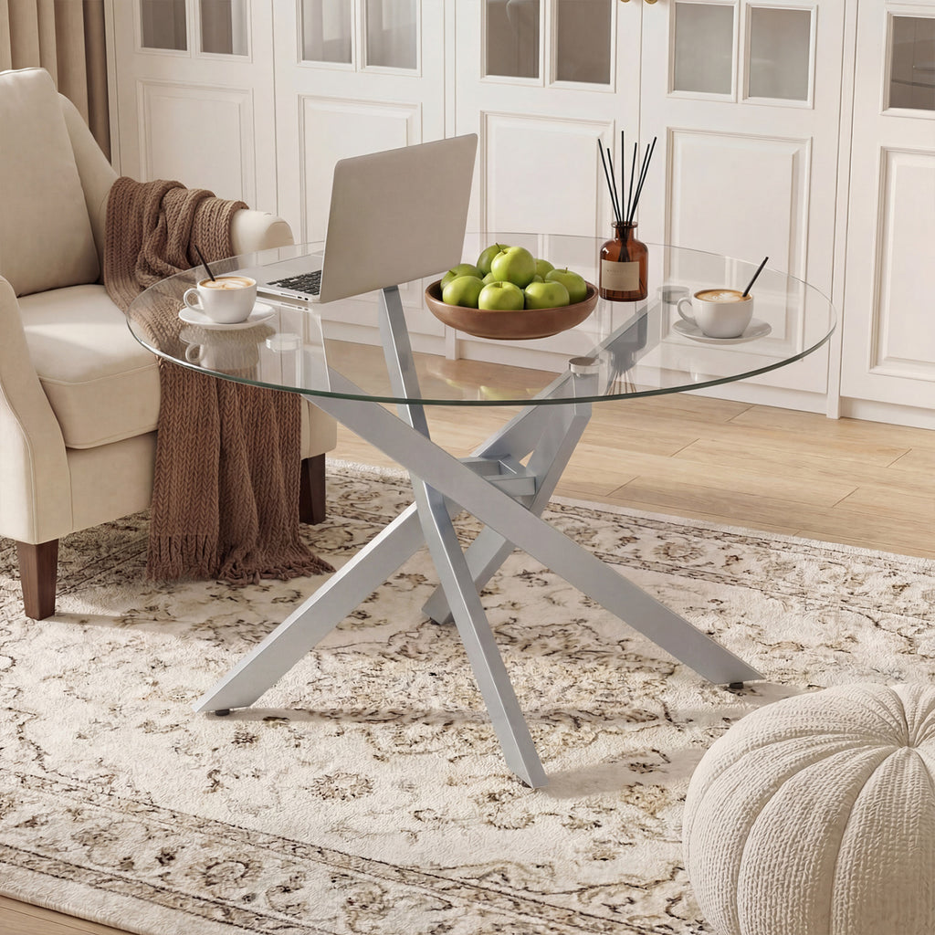 Glass Coffee Table Round Clear Center Table with Tempered Glass Top-Silver
