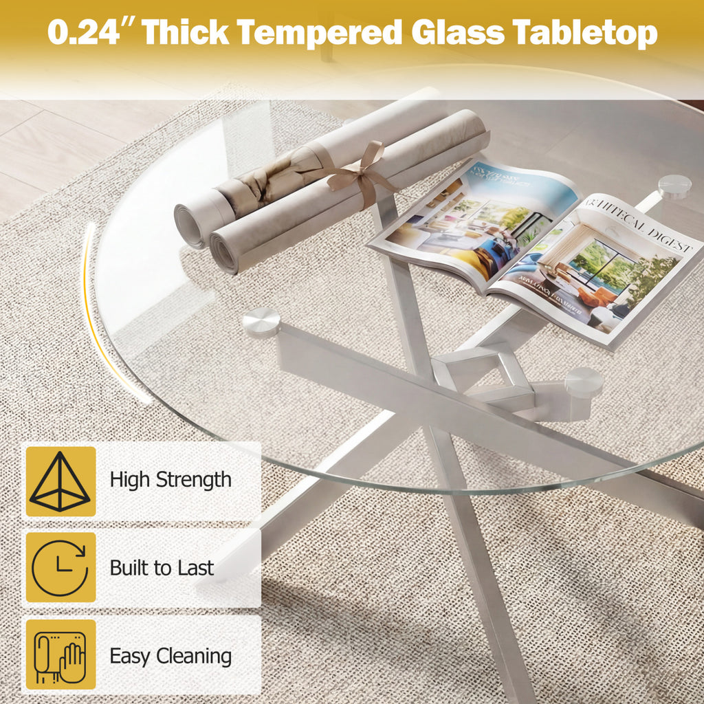 Glass Coffee Table Round Clear Center Table with Tempered Glass Top-Silver
