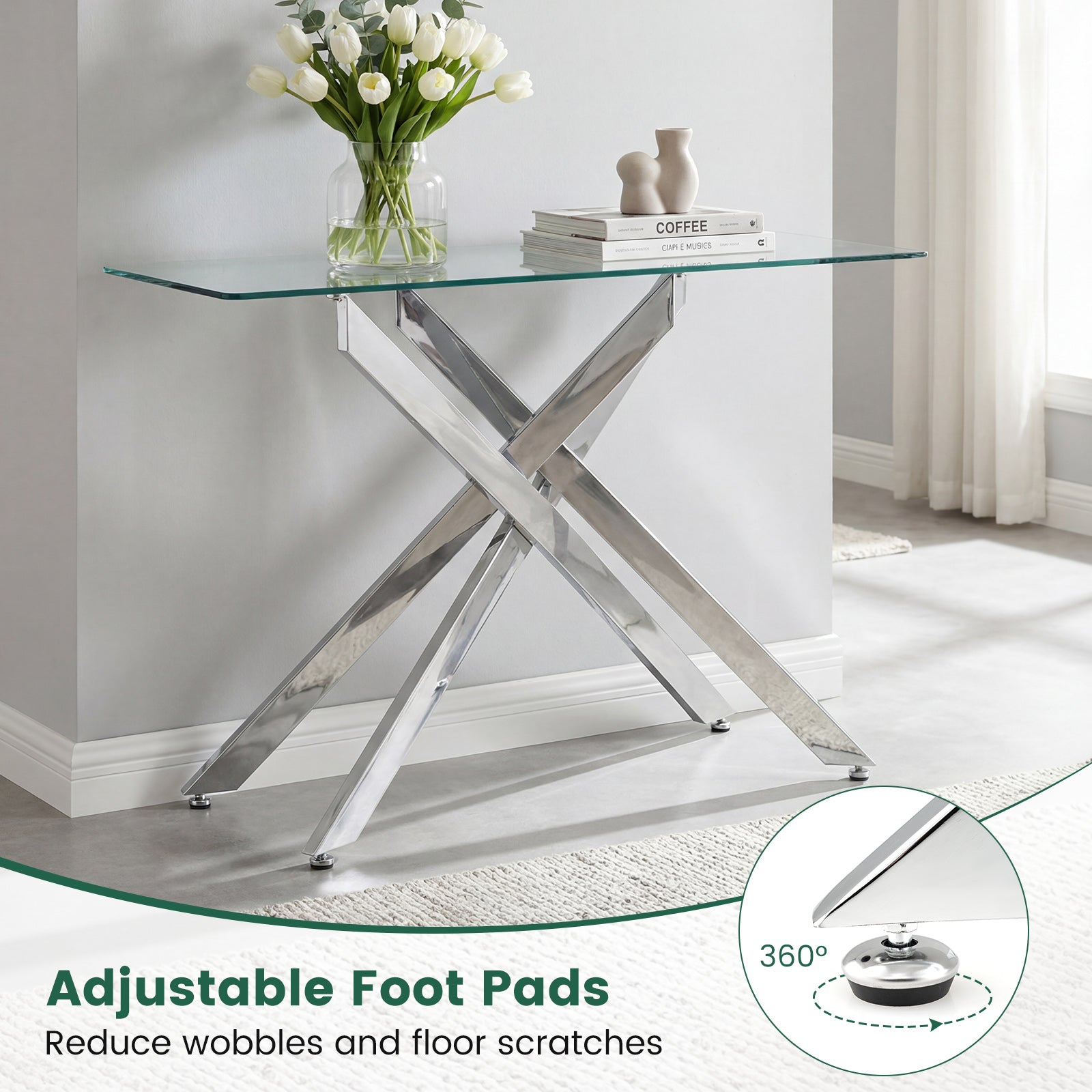 Glass Console Table Modern Entryway Table with Clear Tempered Glass Top-Silver