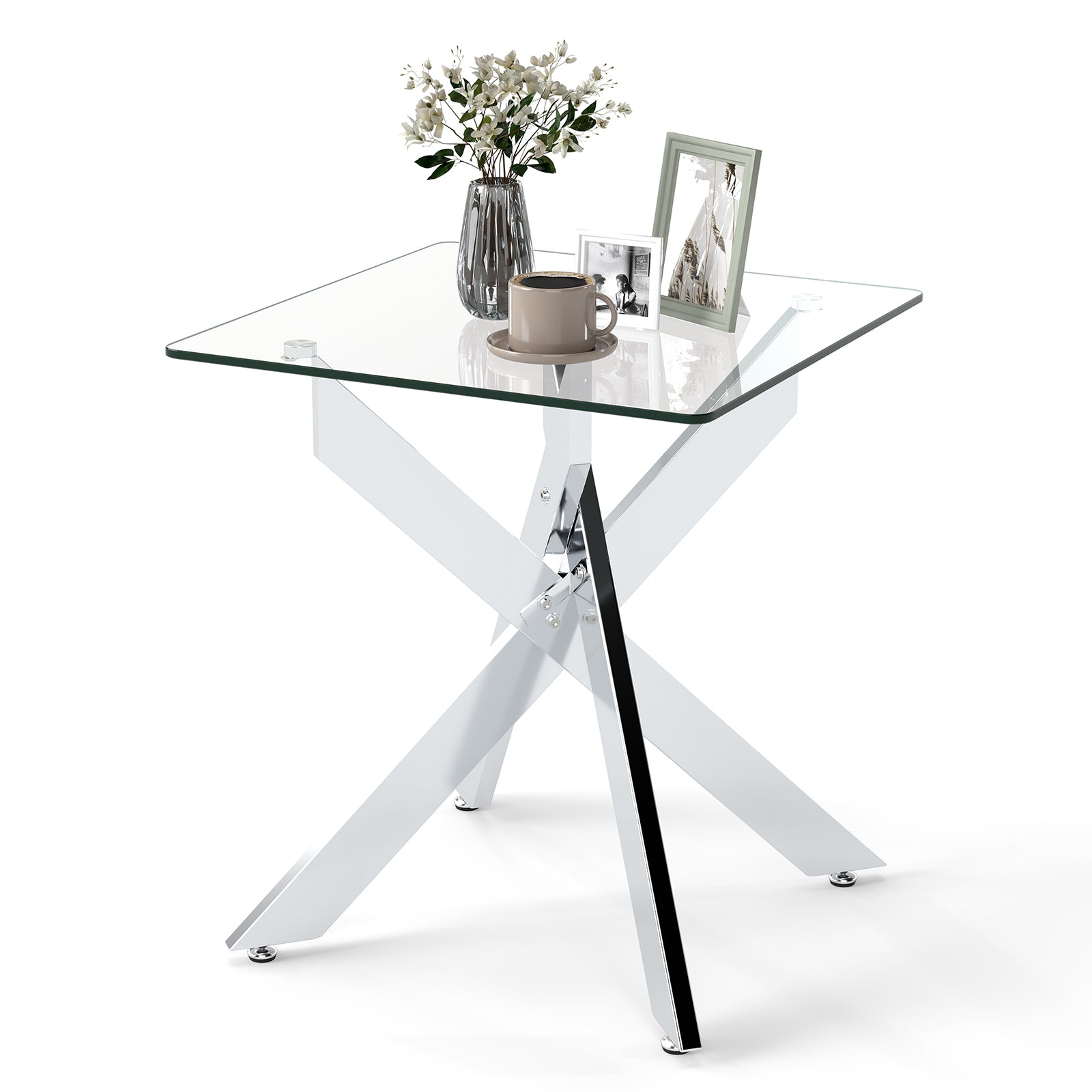 Glass Side Table Square End Table with Tempered Glass Top and Metal X Base-Silver