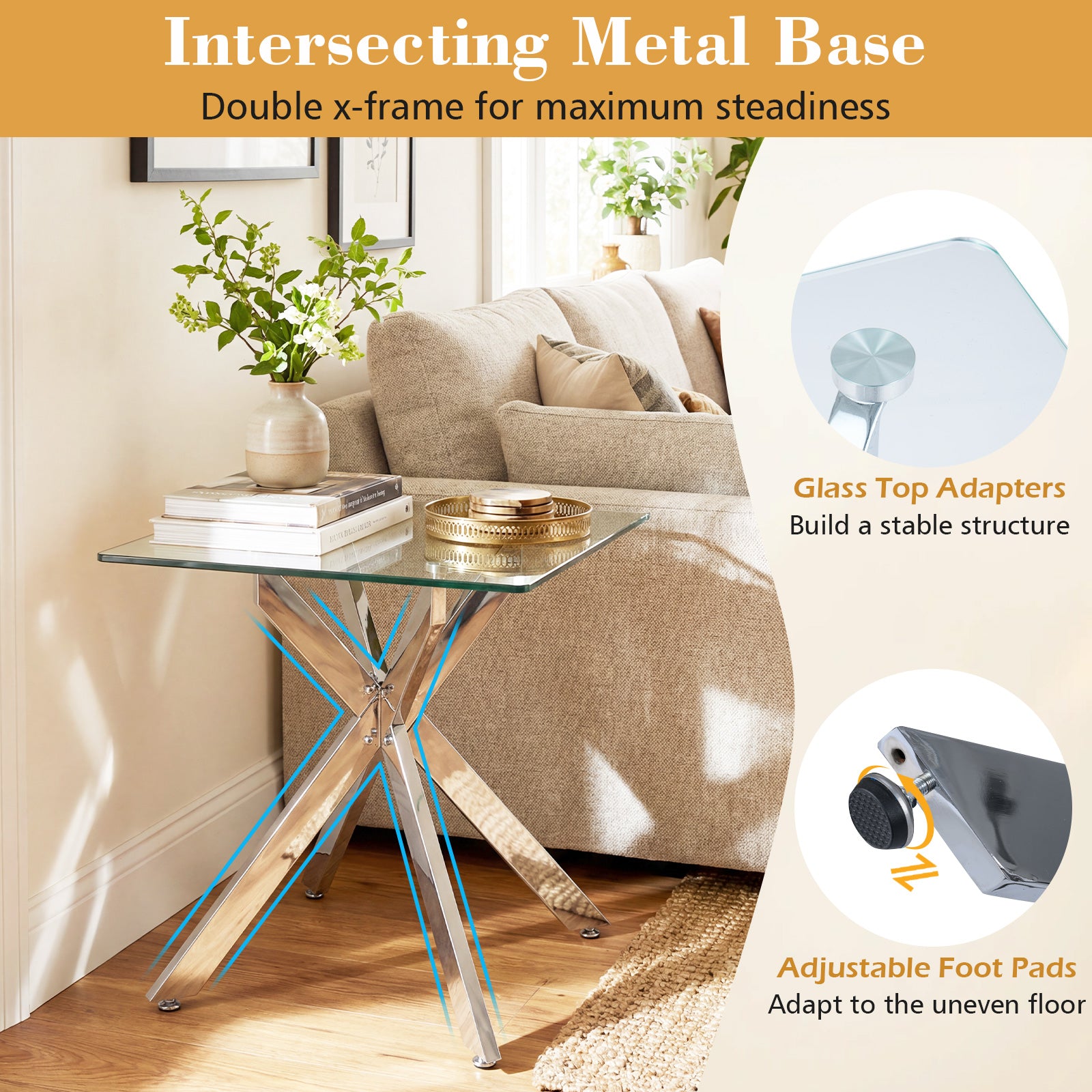 Glass Side Table Square End Table with Tempered Glass Top and Metal X Base-Silver