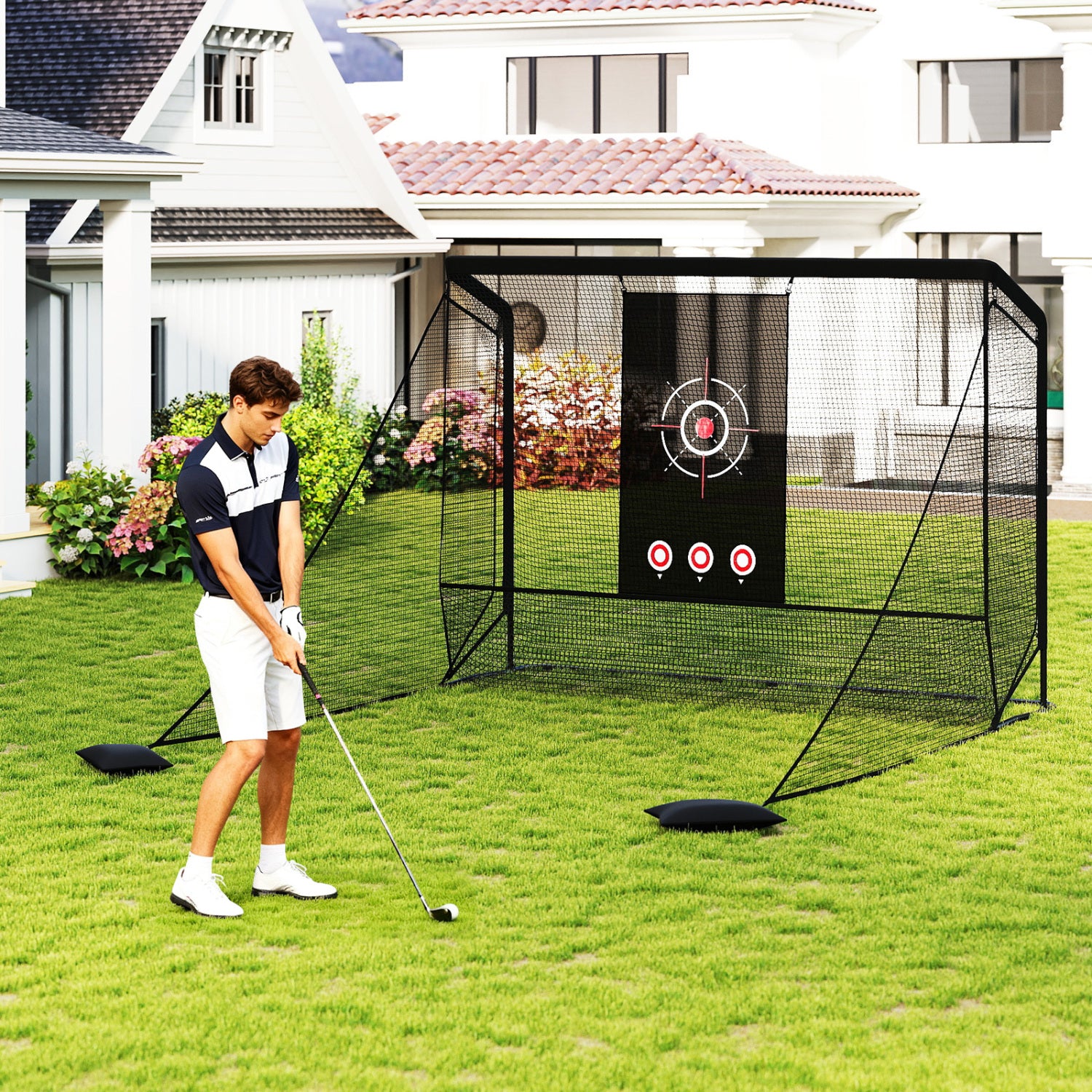 Golf Practice Hitting Net Golf Cage with Dual Side Barriers Target Cloth Metal Frame