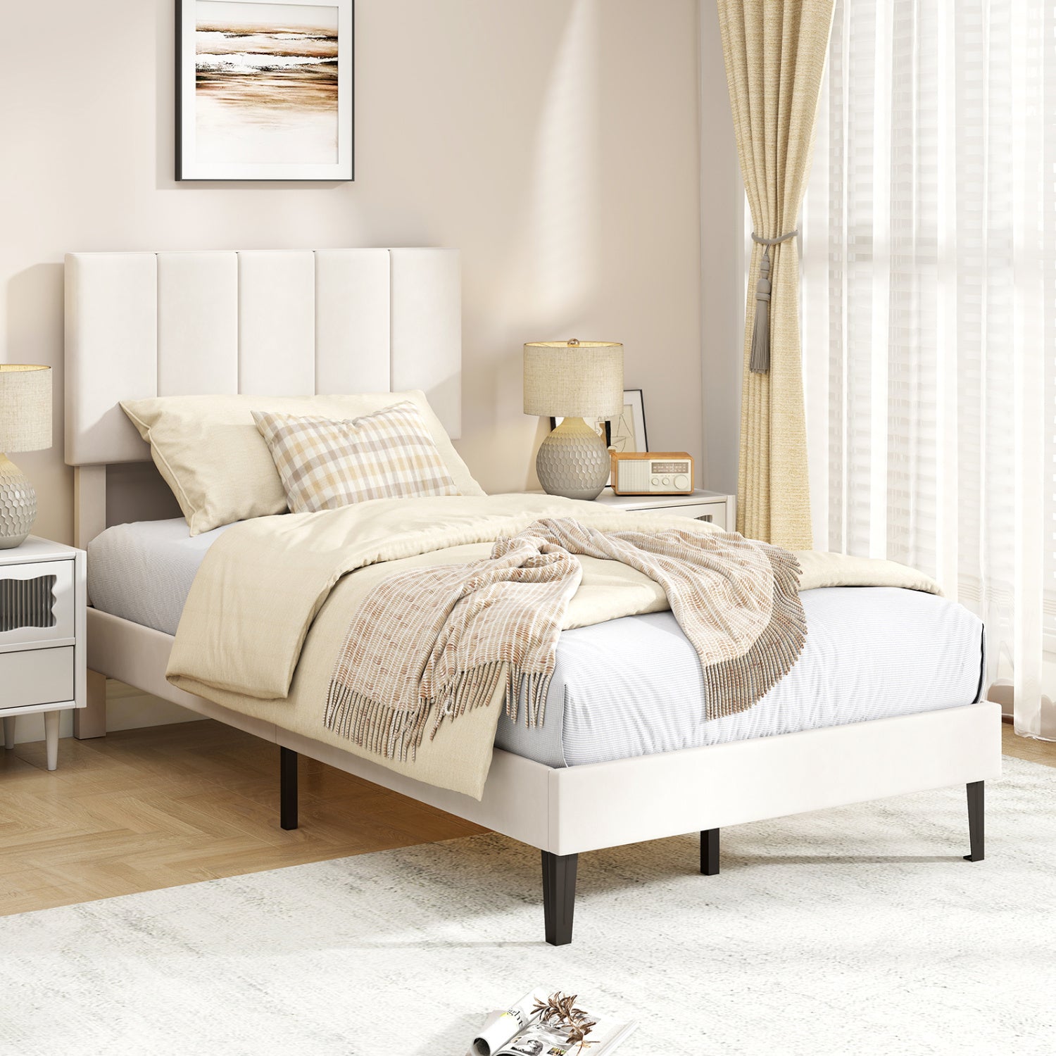 Gray Linen Upholstered Platform Bed with Height Adjustable Vertical Channel Headboard-Twin Size