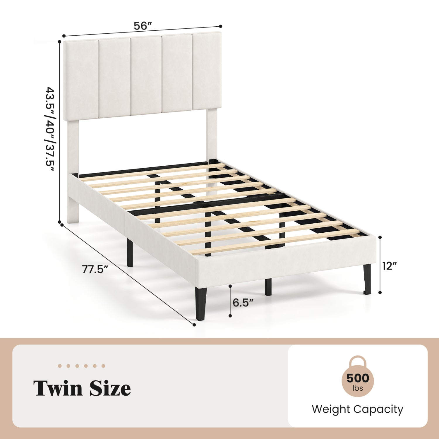 Gray Linen Upholstered Platform Bed with Height Adjustable Vertical Channel Headboard-Twin Size