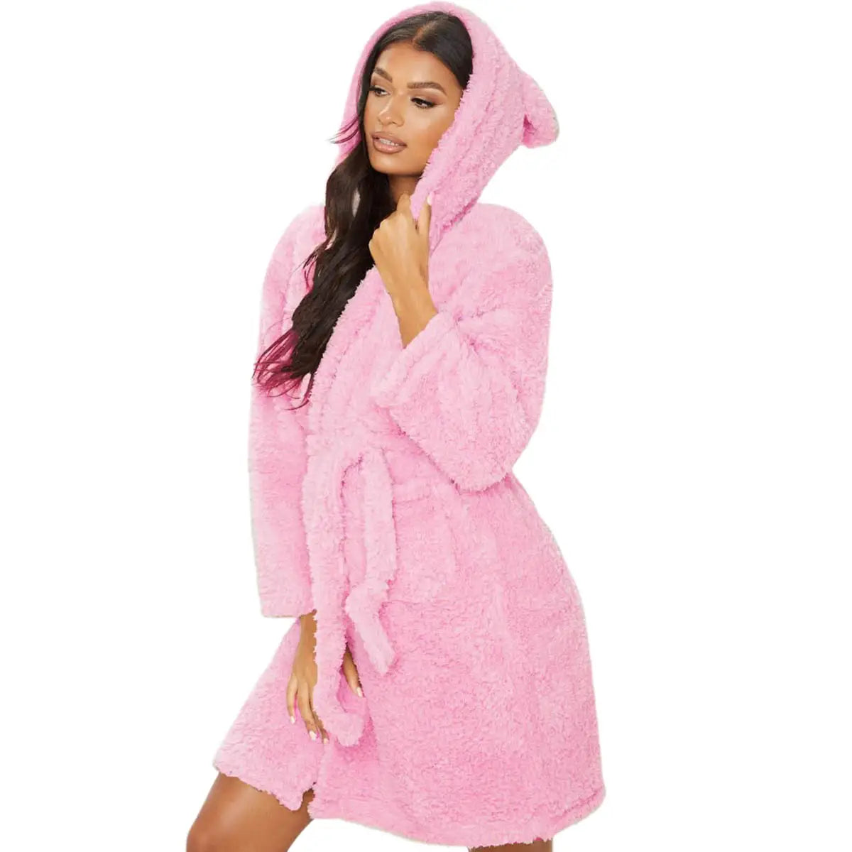 Women’s Winter Flannel Hoodie Robe – Thick Plush Mid‑Calf Pajamas with Cute Ears Long‑Sleeve Warm Homewear