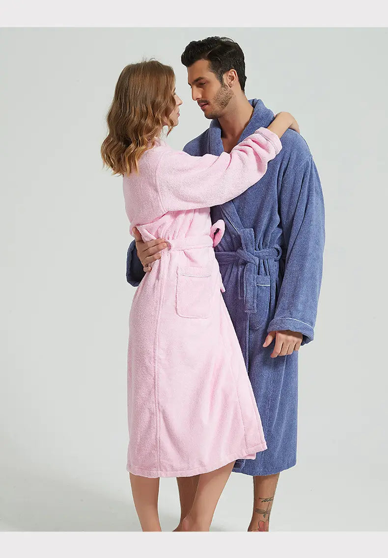 100% Cotton Thick Toweling Terry Robe – Winter Long Bathrobe for Couples Soft Absorbent Homewear Sleep Robe