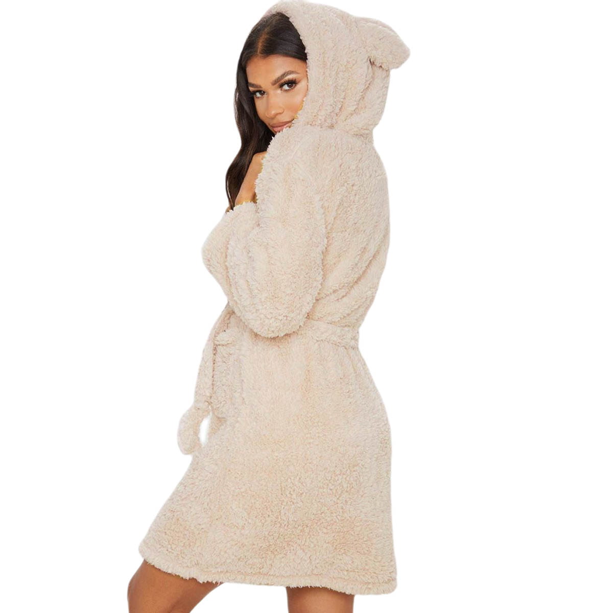 Women’s Winter Flannel Hoodie Robe – Thick Plush Mid‑Calf Pajamas with Cute Ears Long‑Sleeve Warm Homewear