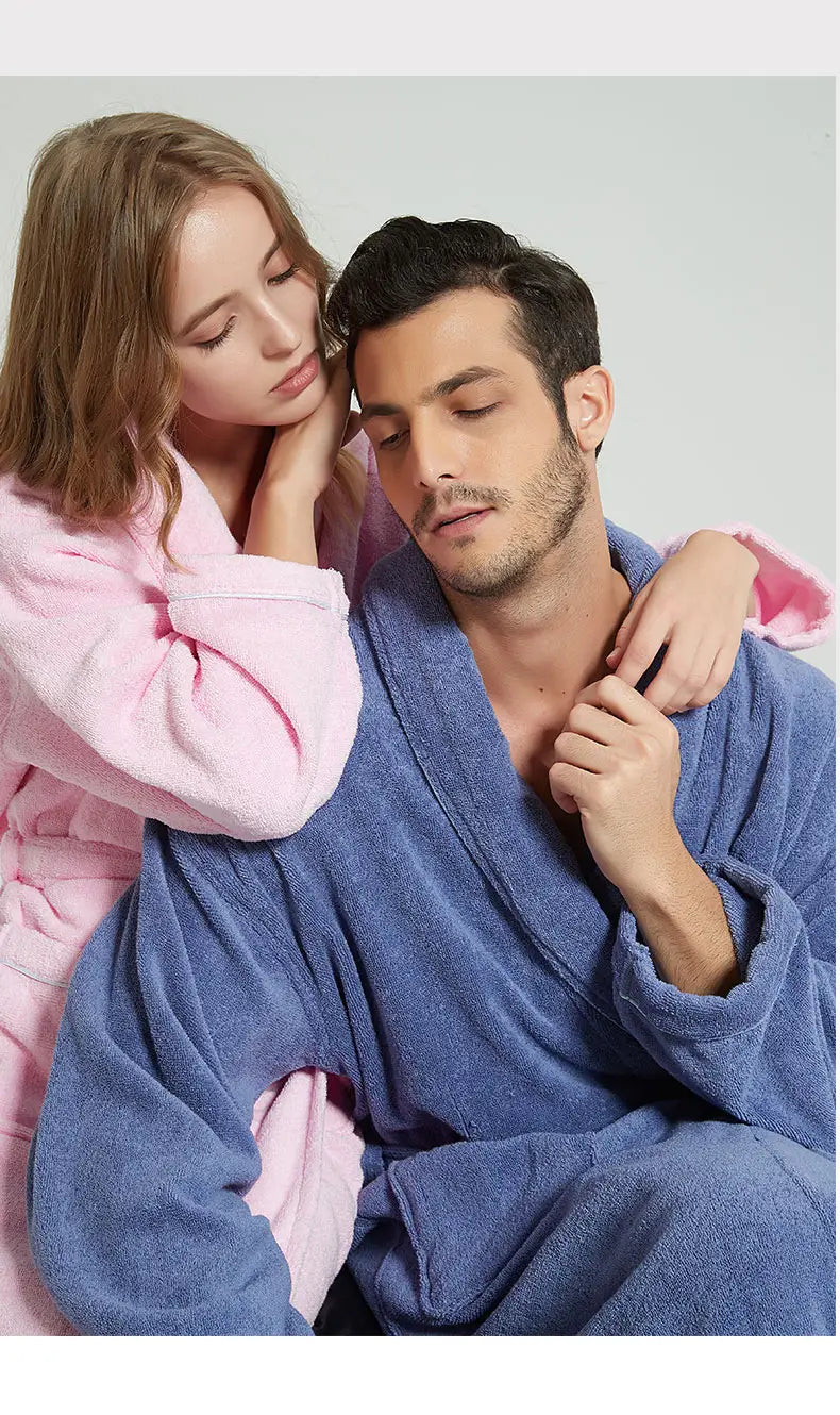100% Cotton Thick Toweling Terry Robe – Winter Long Bathrobe for Couples Soft Absorbent Homewear Sleep Robe