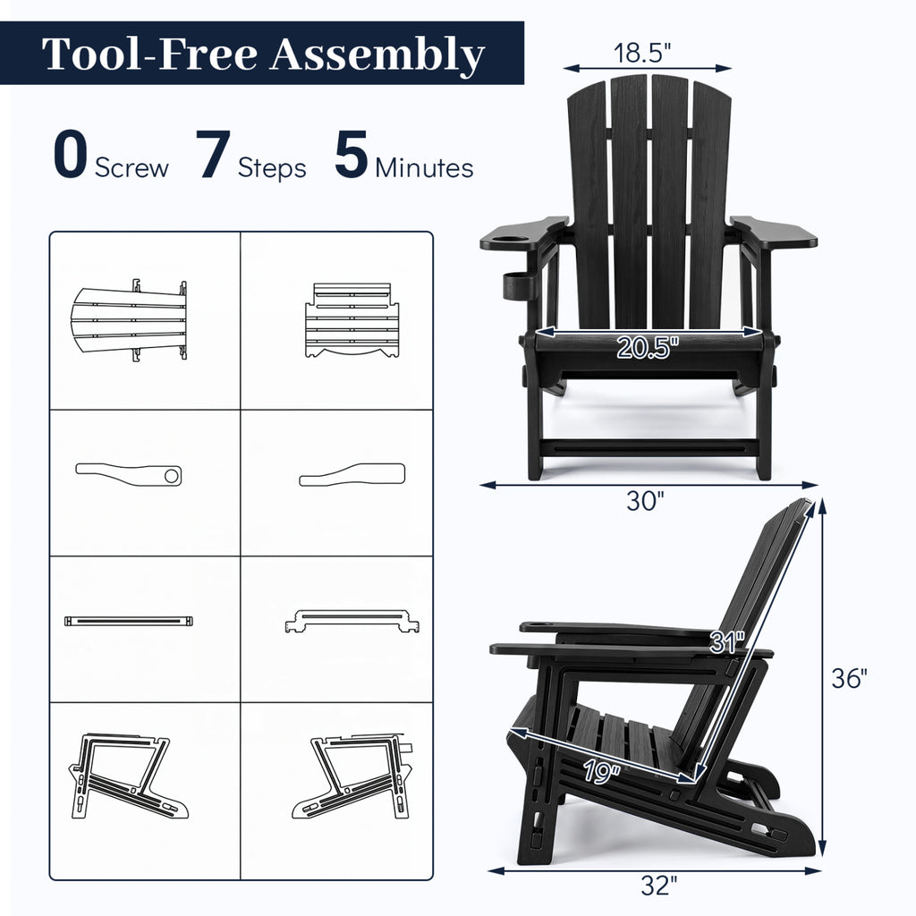 HDPE Adirondack Chairs with Realistic Wood Grain for Backyard Lawn-Black