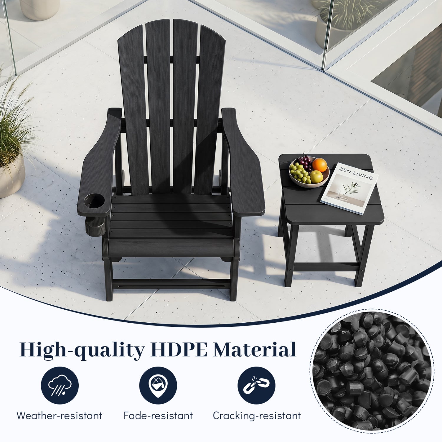 HDPE Adirondack Chairs with Realistic Wood Grain for Backyard Lawn-Black