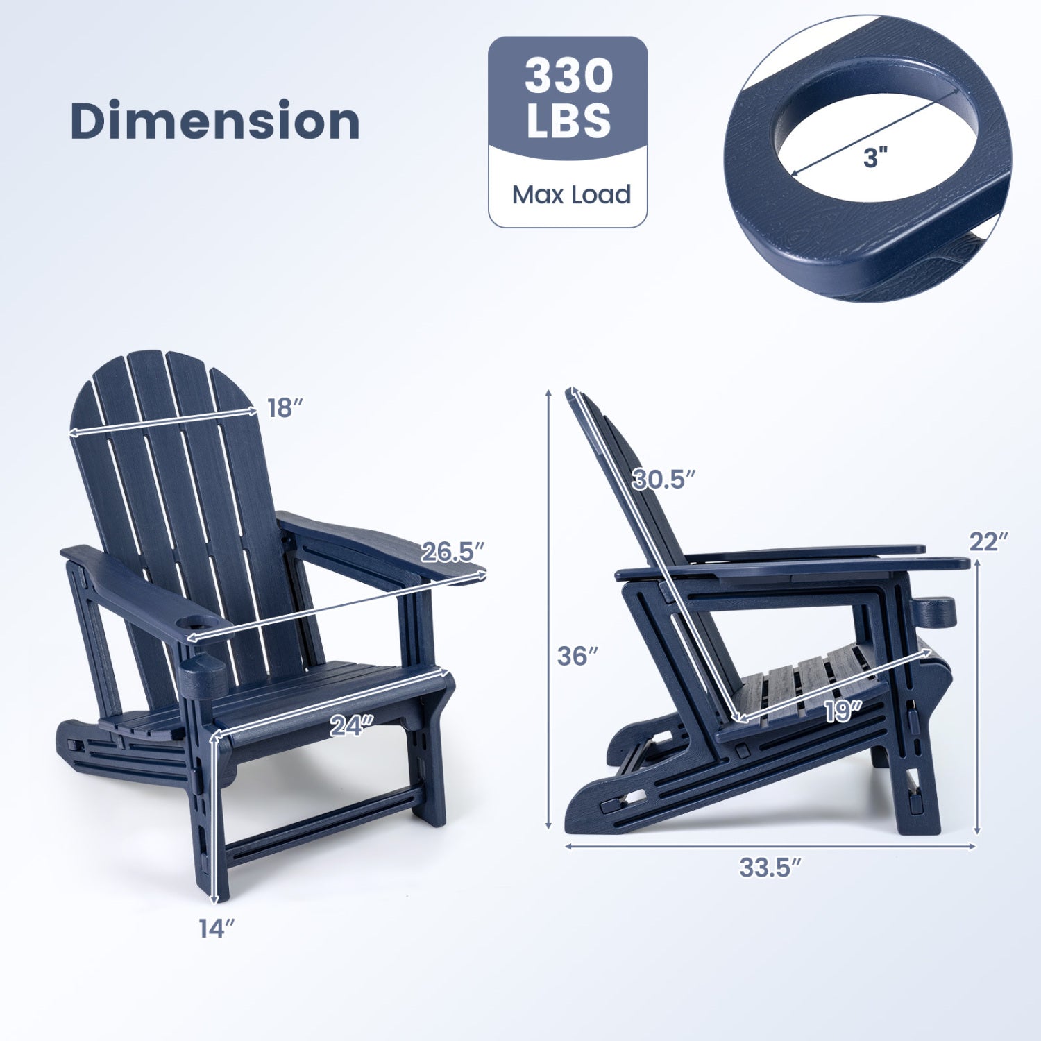 HDPE Adirondack Chair with Cup Holder and Wooden Texture for Patio-Blue