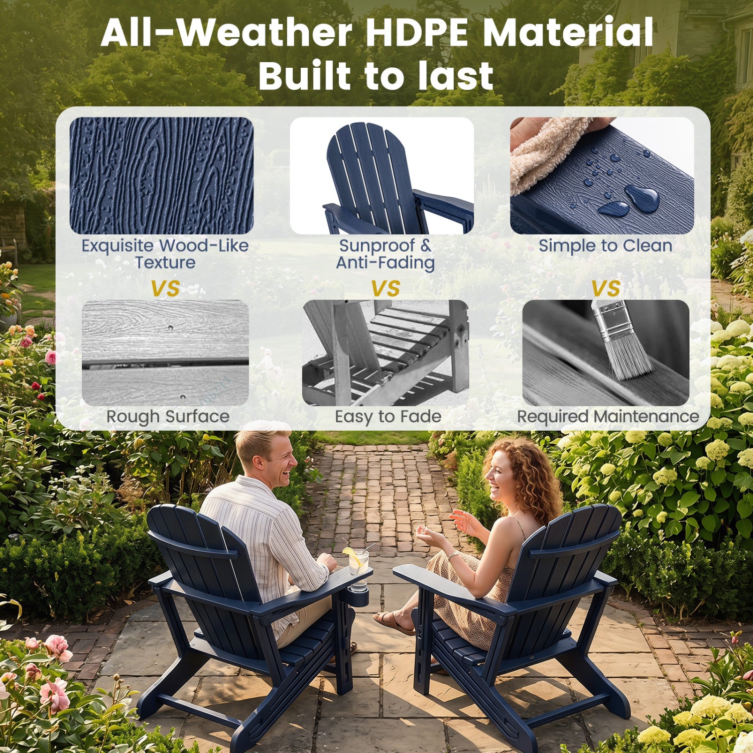 HDPE Adirondack Chair with Cup Holder and Wooden Texture for Patio-Blue
