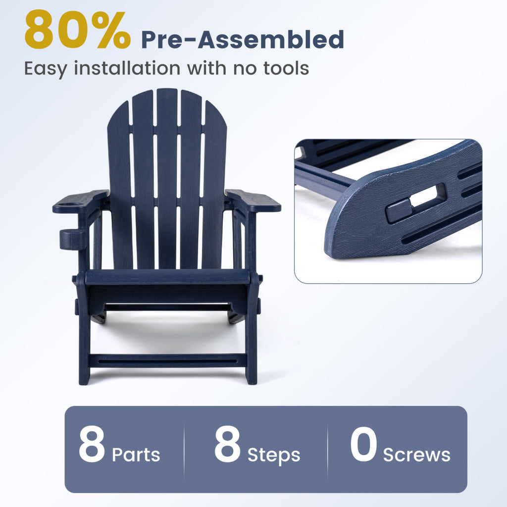 HDPE Adirondack Chair with Cup Holder and Wooden Texture for Patio-Blue