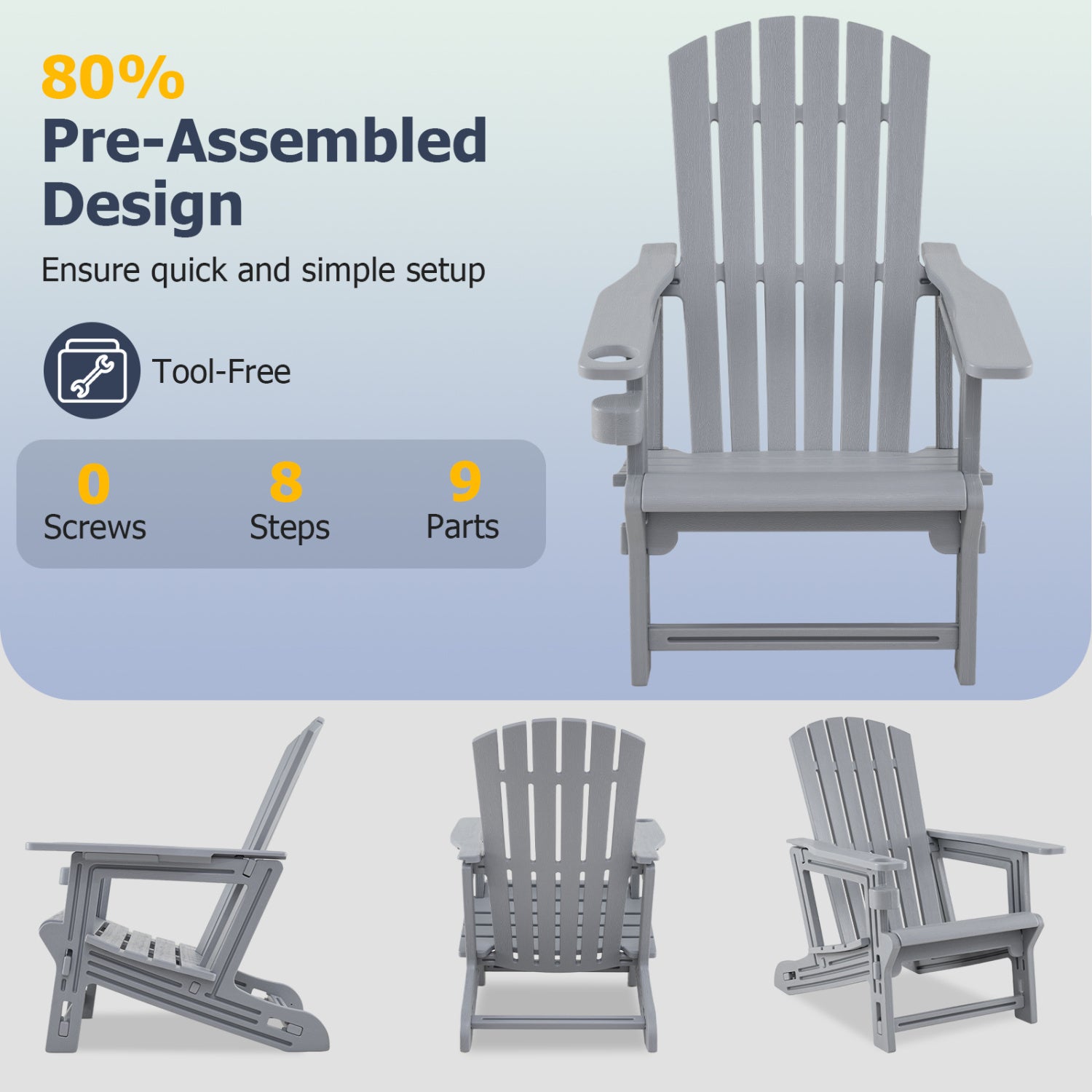 HDPE Adirondack Chair with Cup Holder and Wood-Like Texture High Back for Garden-Gray