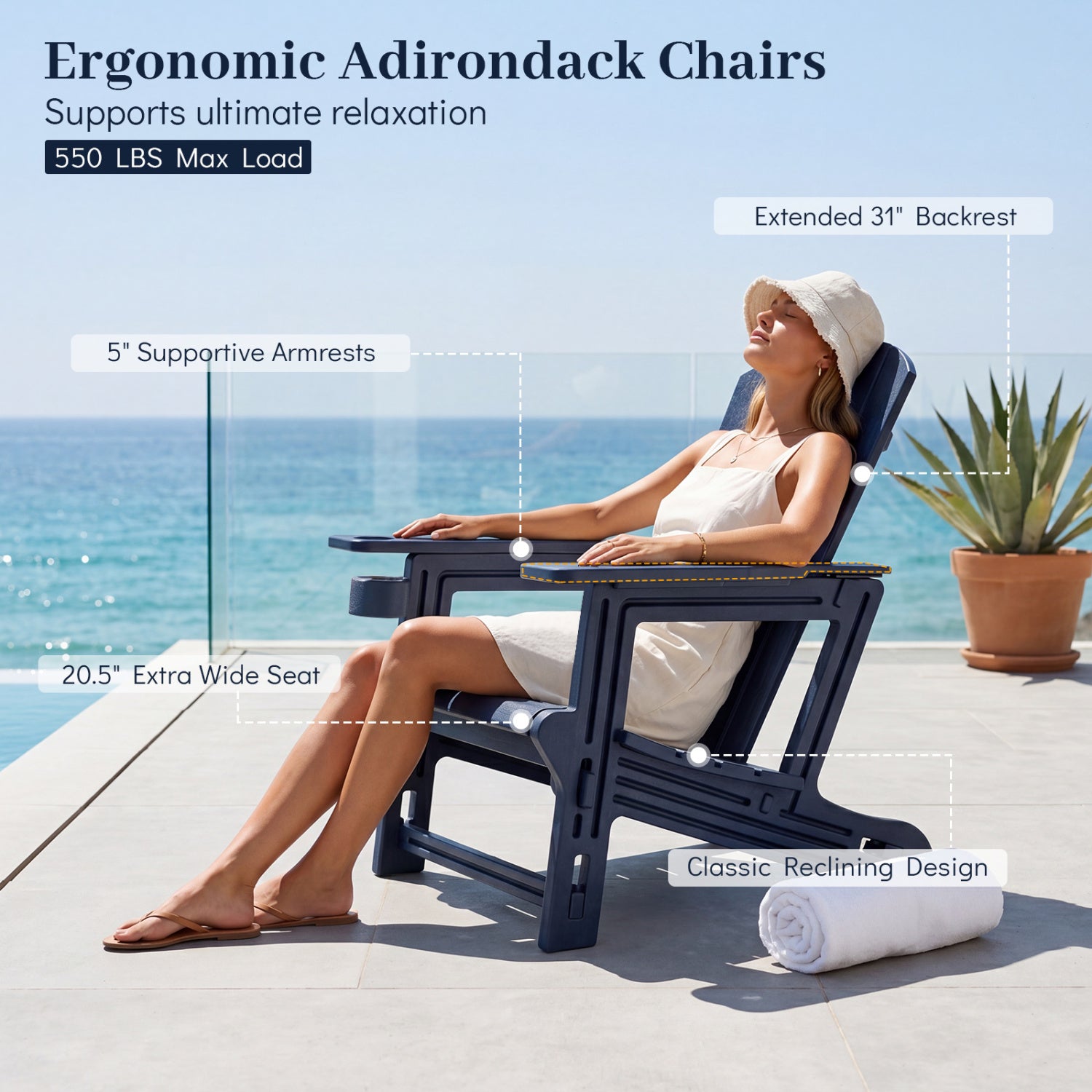 HDPE Adirondack Chairs with Realistic Wood Grain for Backyard Lawn-Blue