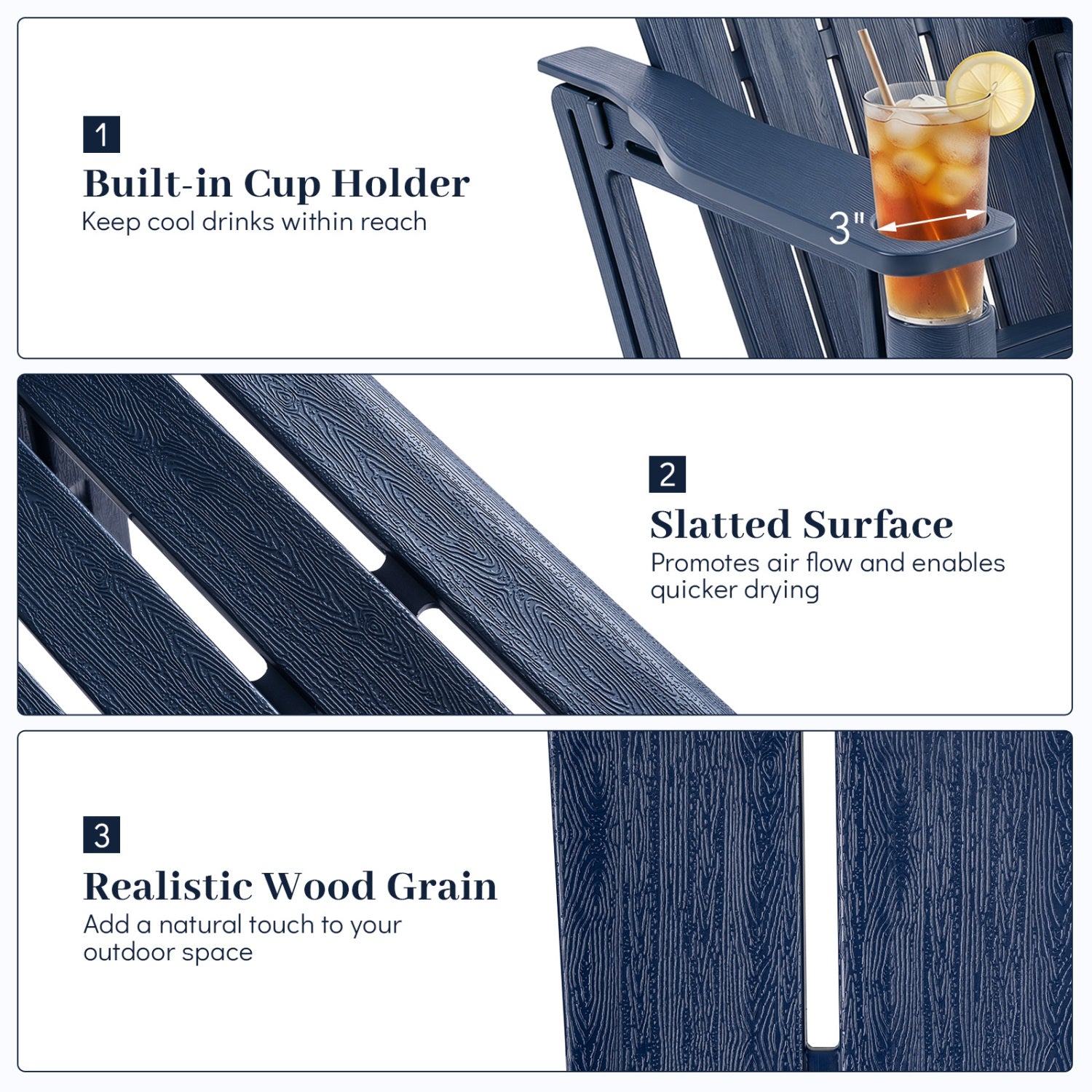 HDPE Adirondack Chairs with Realistic Wood Grain for Backyard Lawn-Blue