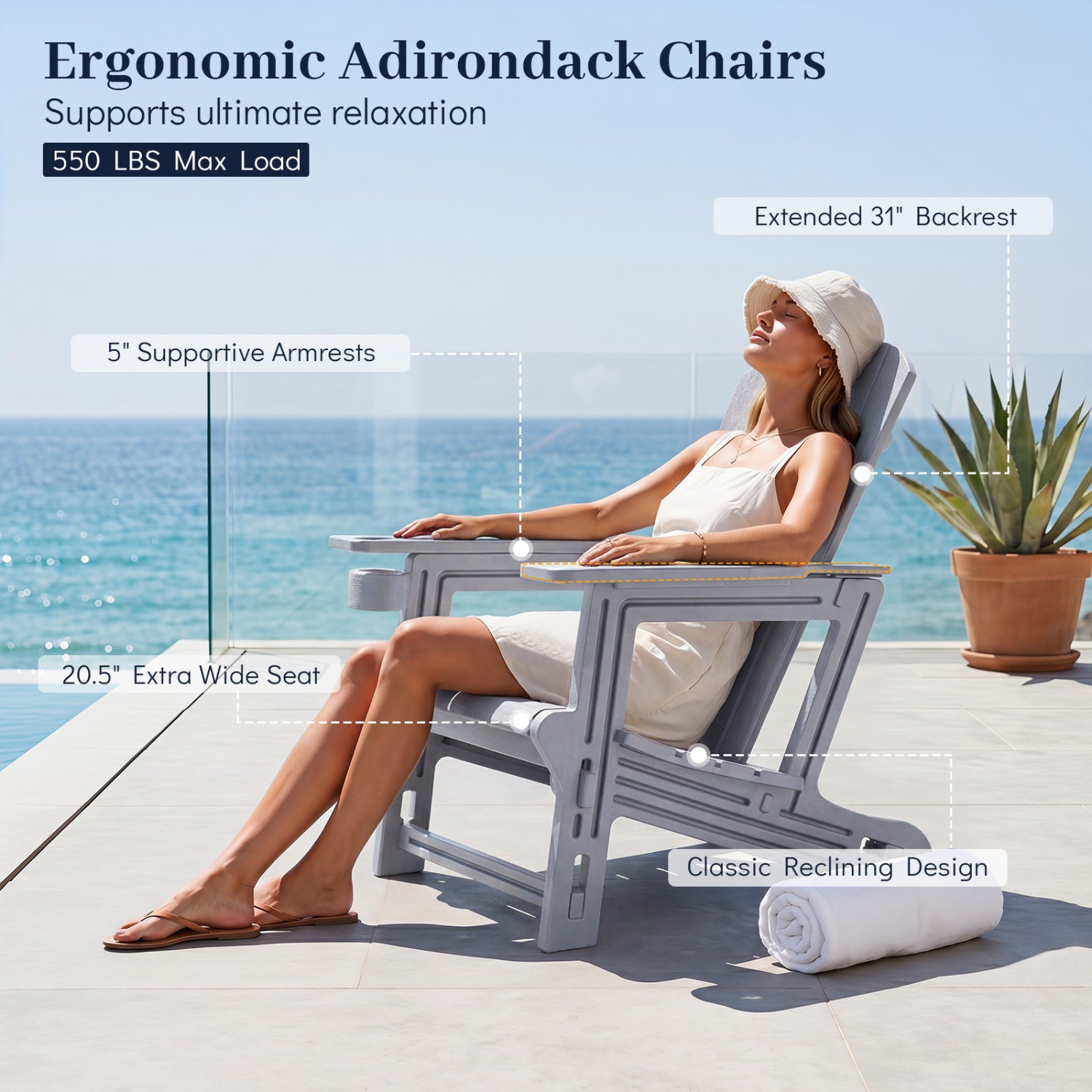 HDPE Adirondack Chairs with Realistic Wood Grain for Backyard Lawn-Gray
