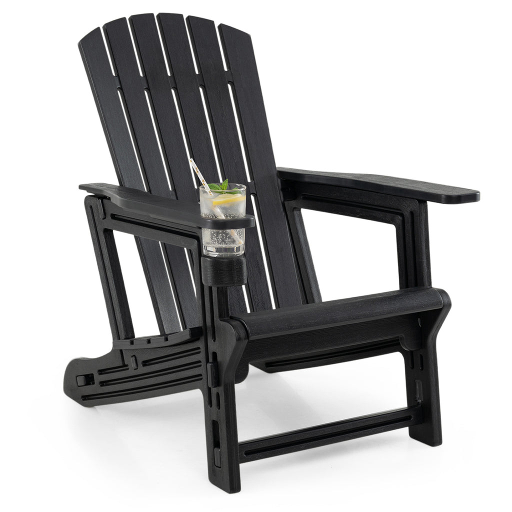 HDPE Adirondack Chair with Cup Holder and Wooden Texture for Patio-Black