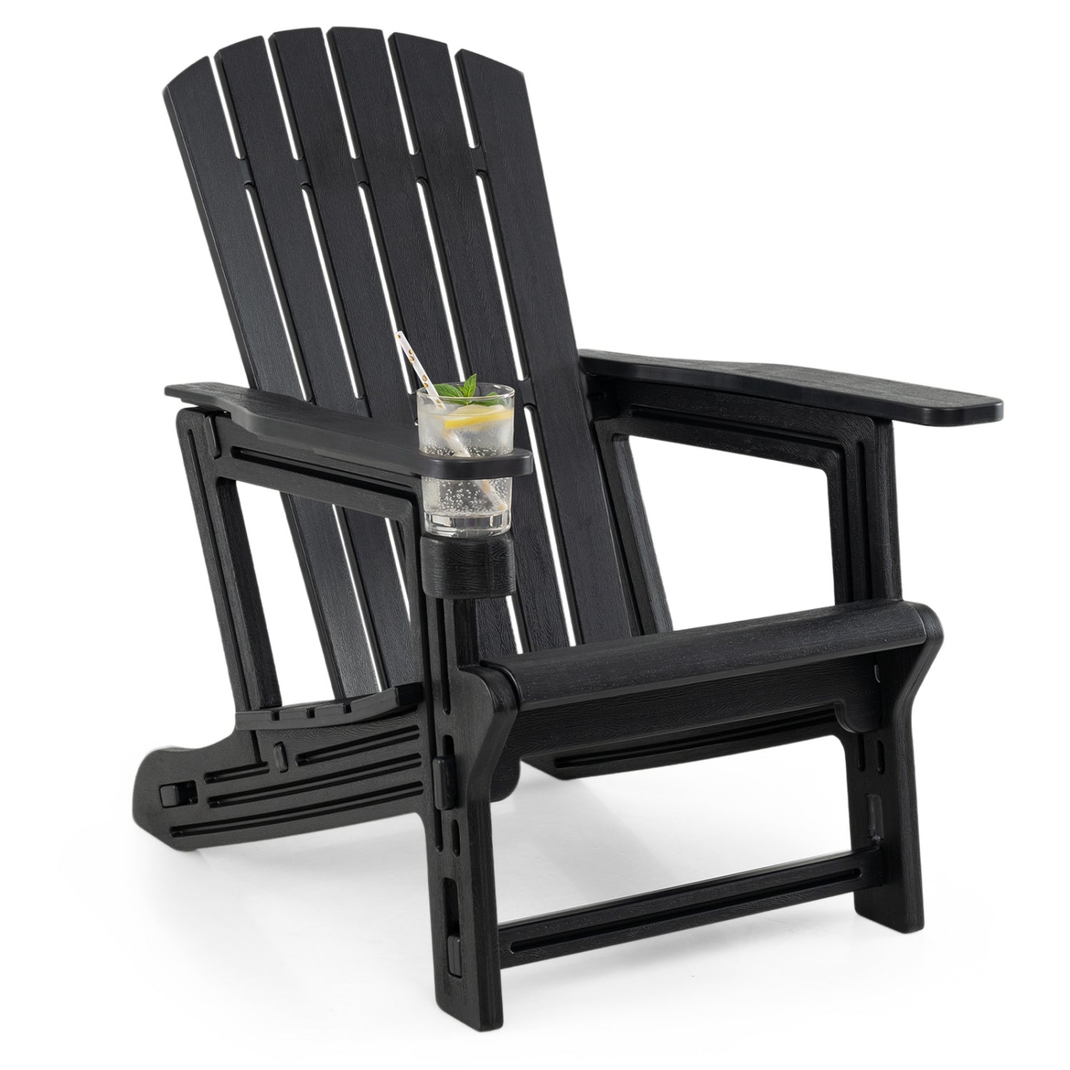 HDPE Adirondack Chair with Cup Holder and Wooden Texture for Patio-Black