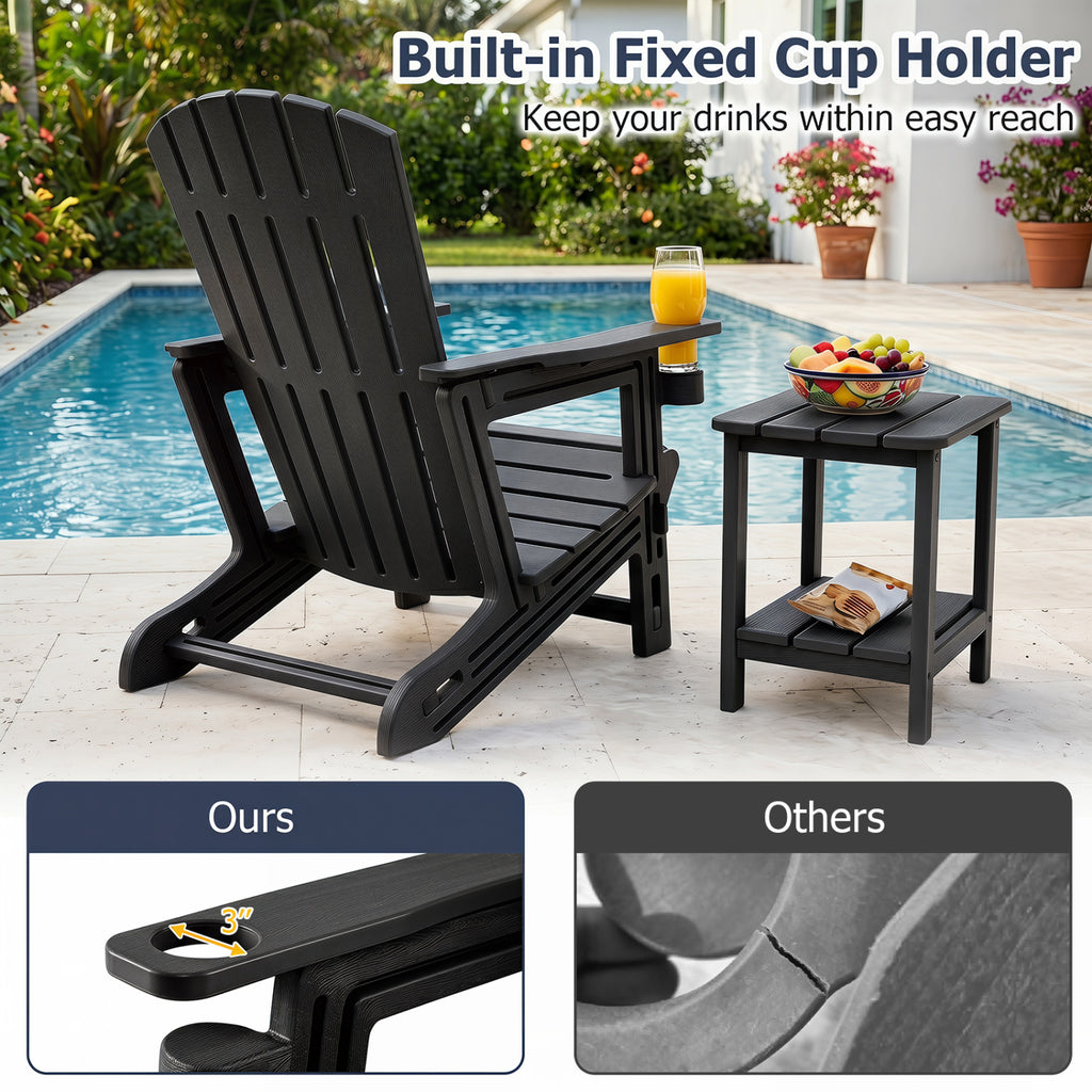 HDPE Adirondack Chair with Cup Holder and Wooden Texture for Patio-Black