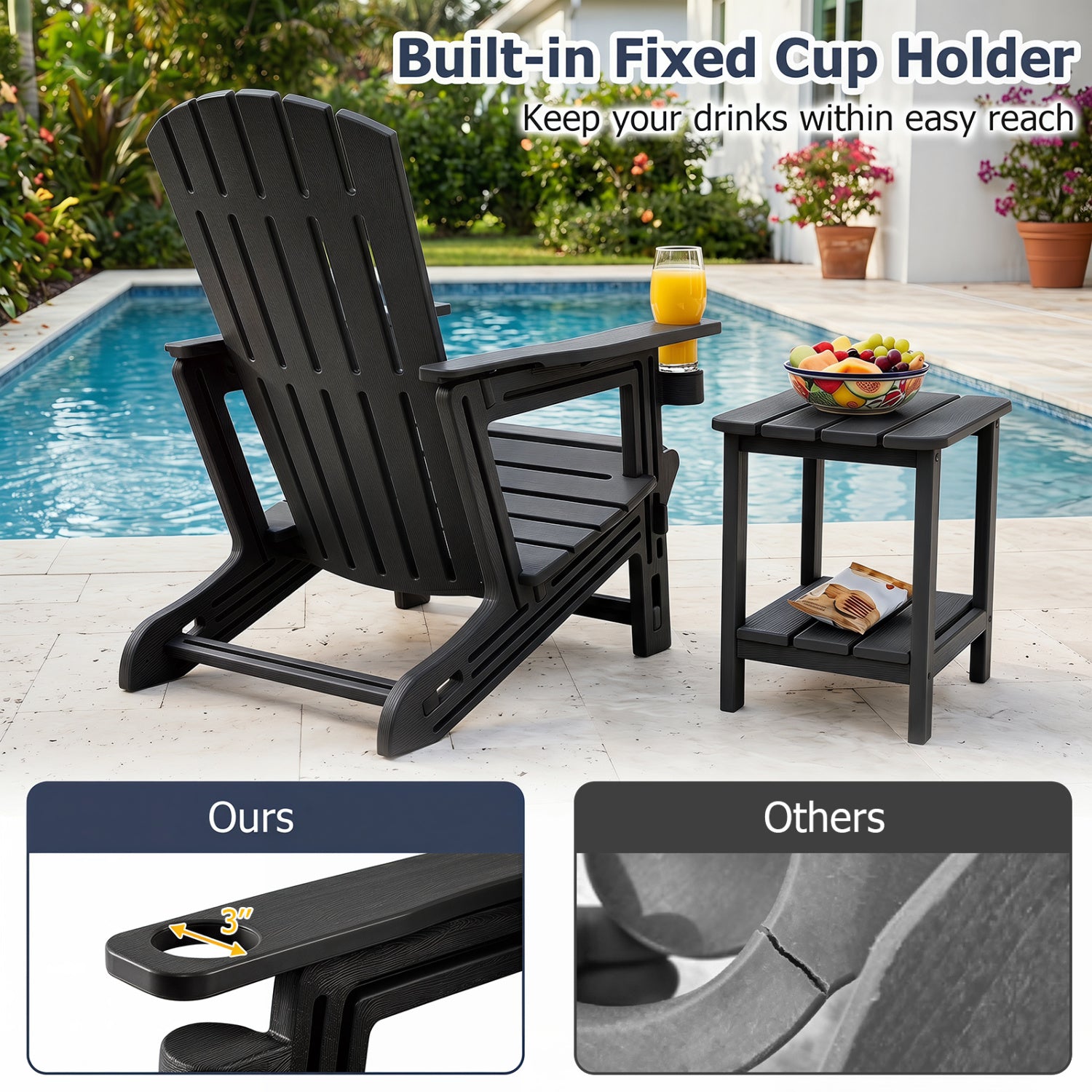 HDPE Adirondack Chair with Cup Holder and Wooden Texture for Patio-Black