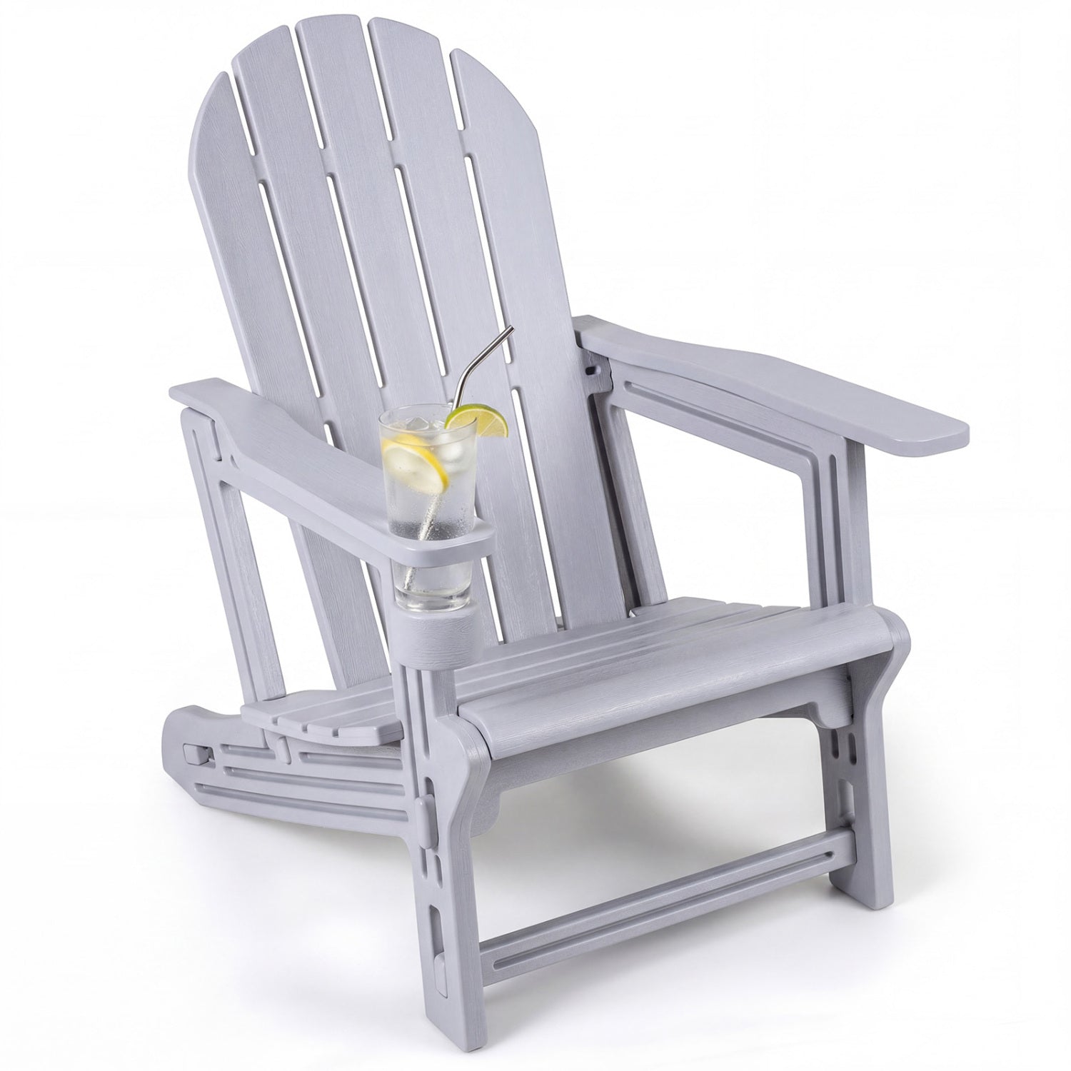 HDPE Adirondack Chair with Cup Holder and Wooden Texture for Patio-Gray