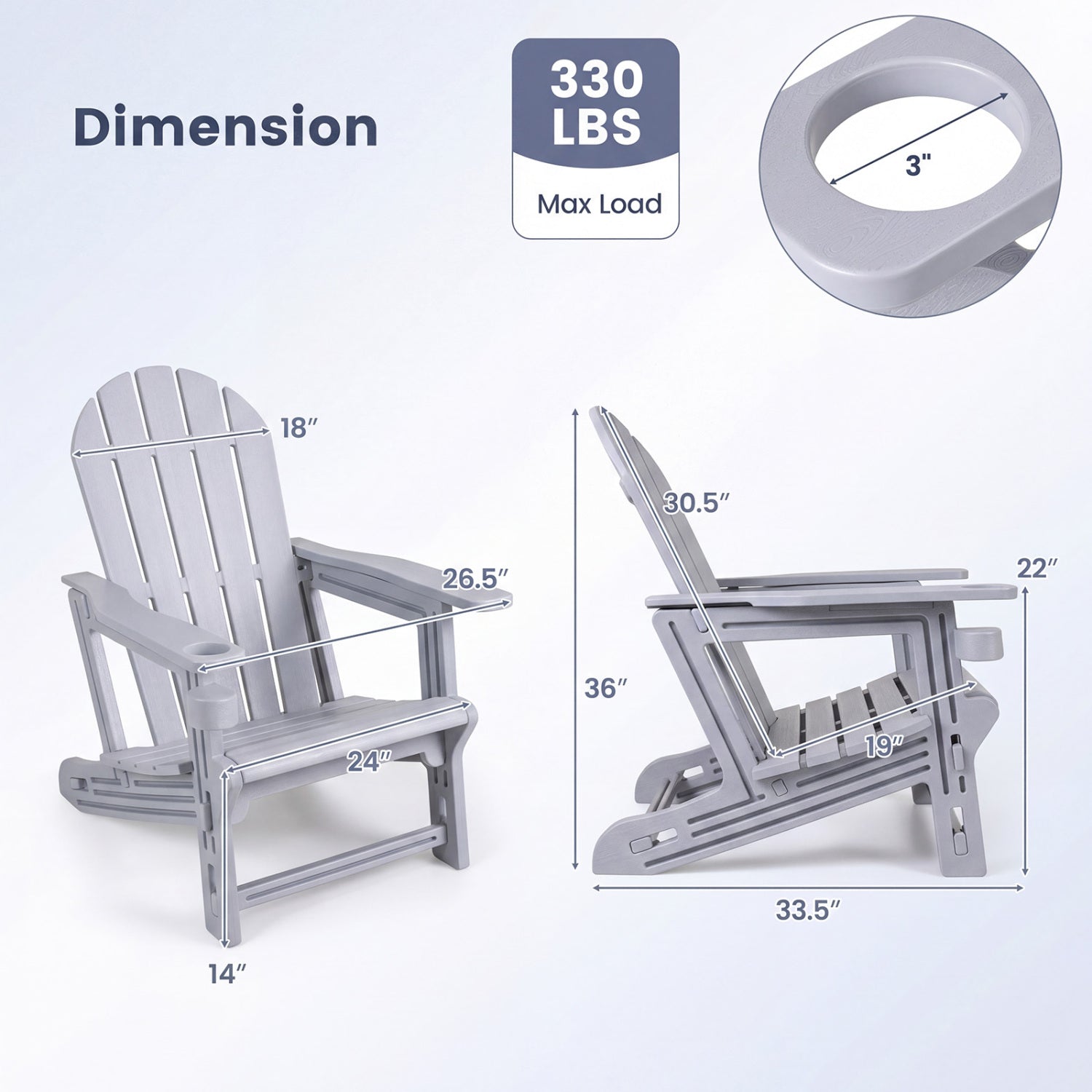 HDPE Adirondack Chair with Cup Holder and Wooden Texture for Patio-Gray