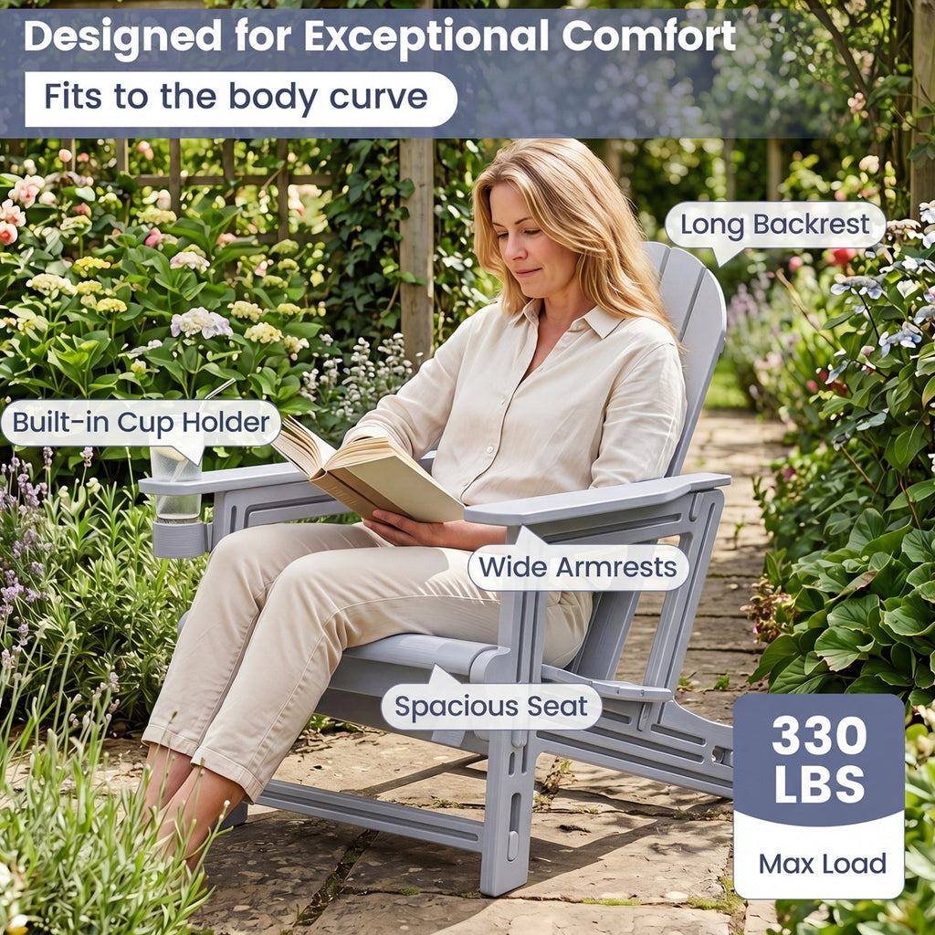 HDPE Adirondack Chair with Cup Holder and Wooden Texture for Patio-Gray