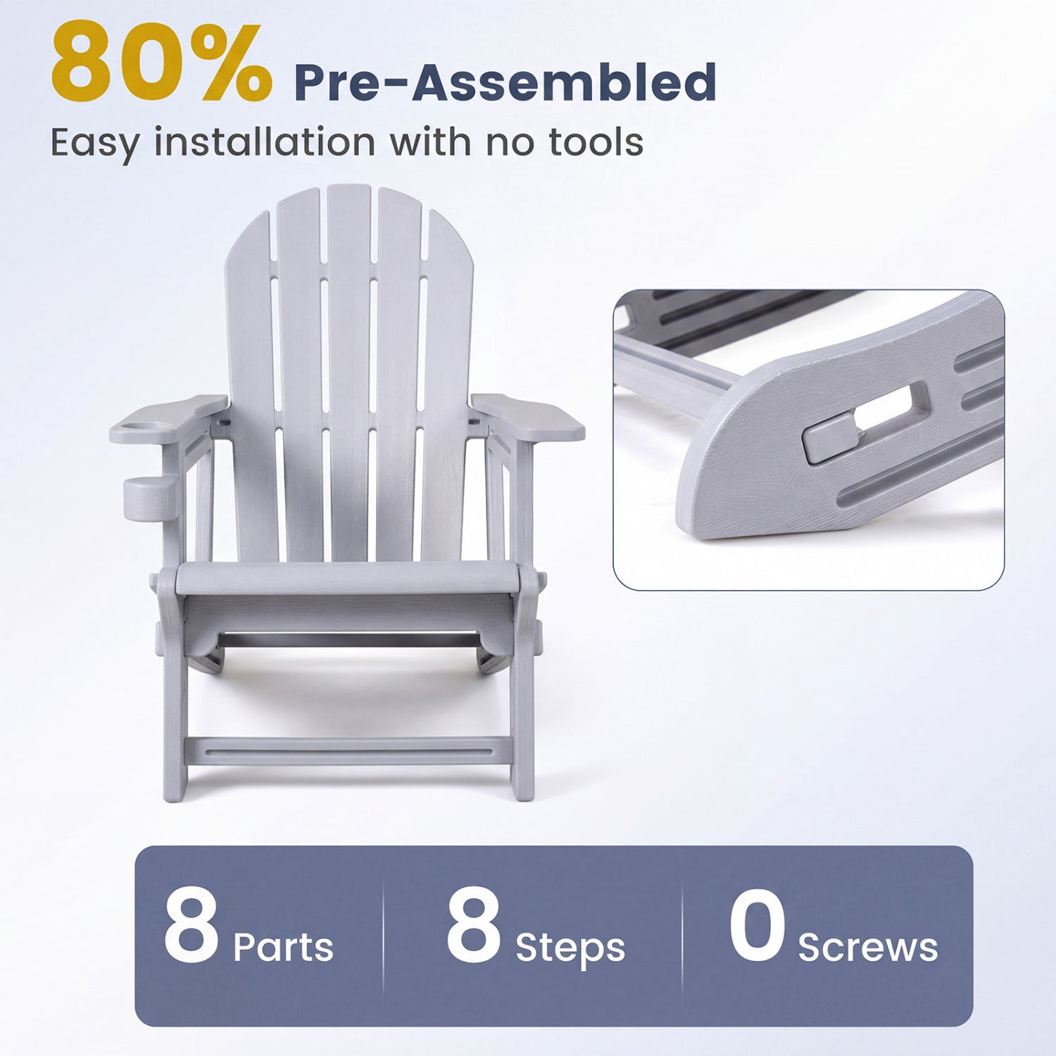 HDPE Adirondack Chair with Cup Holder and Wooden Texture for Patio-Gray