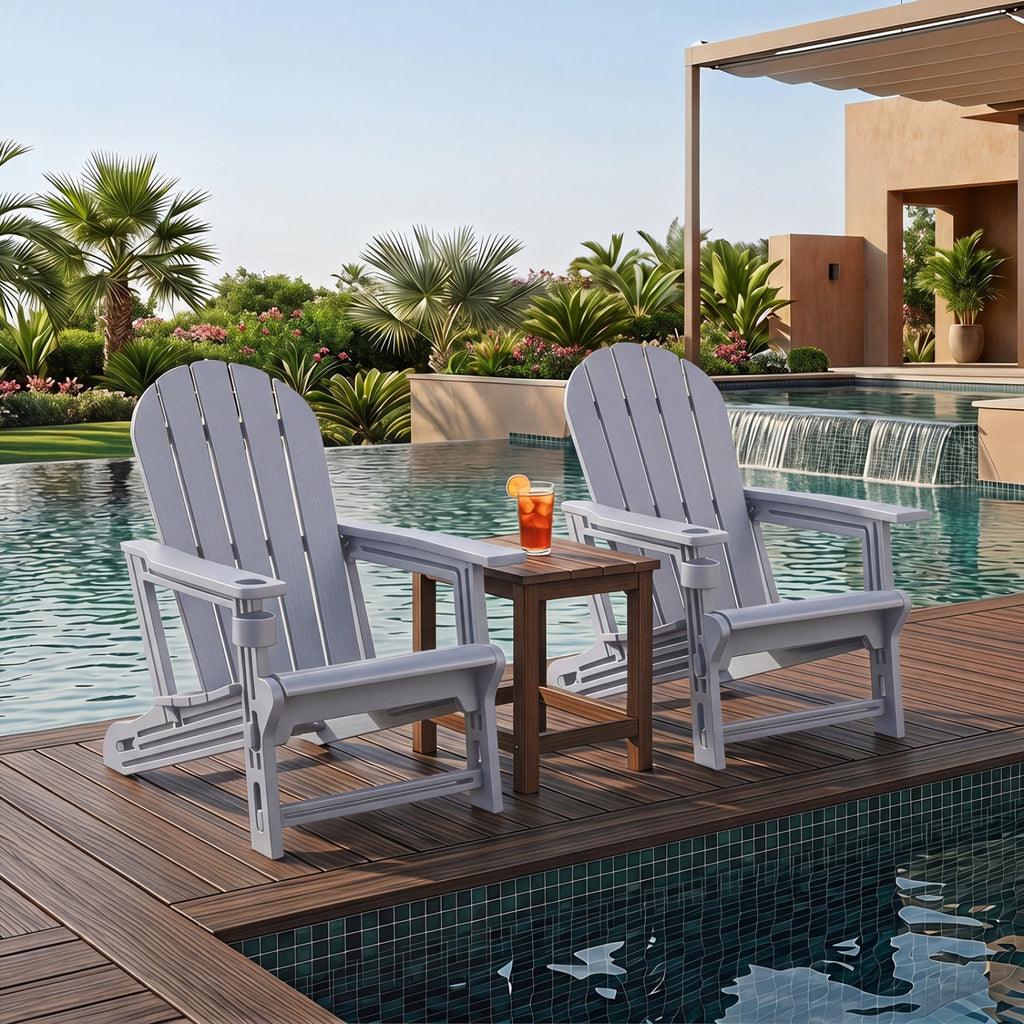 HDPE Adirondack Chair with Cup Holder and Wooden Texture for Patio-Gray