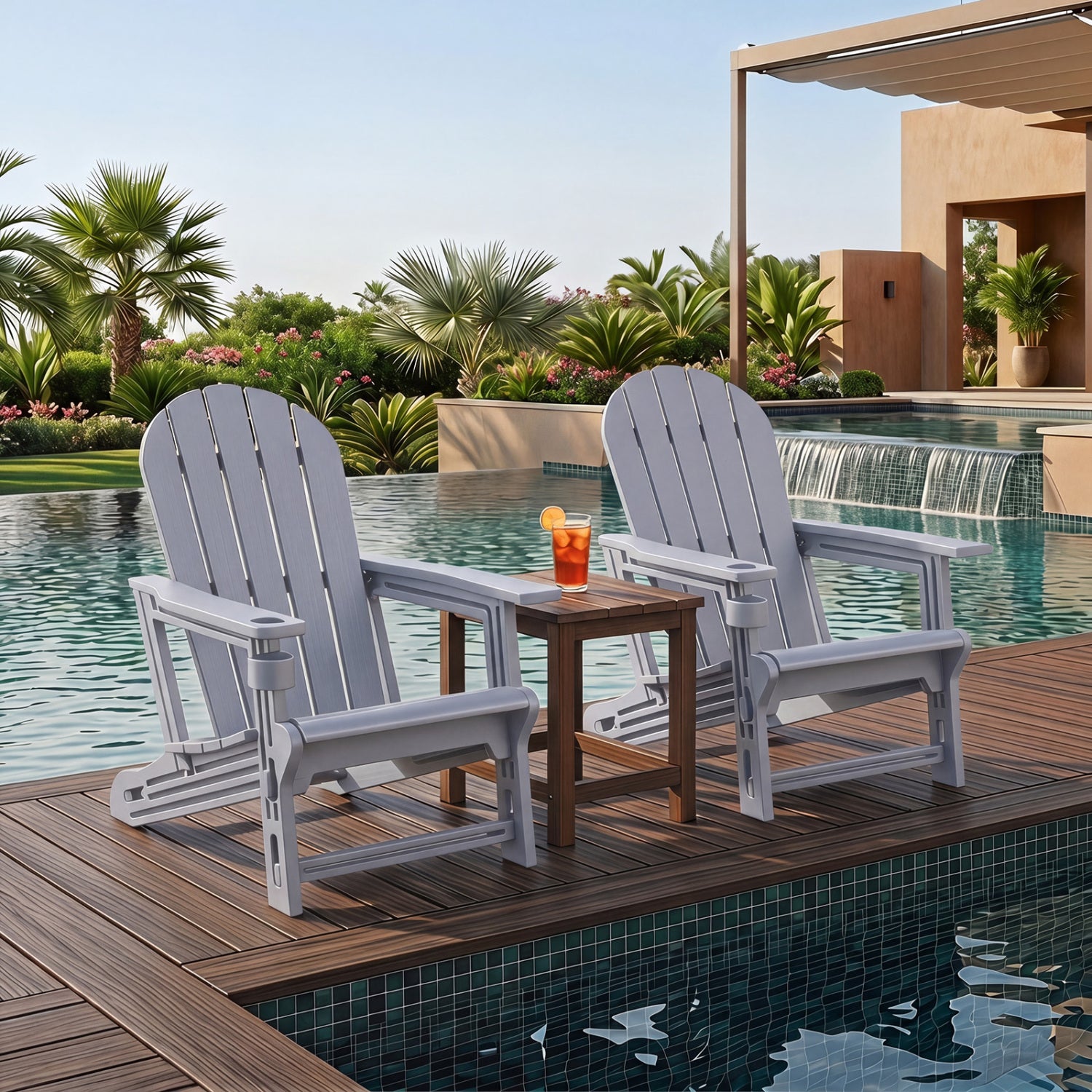 HDPE Adirondack Chair with Cup Holder and Wooden Texture for Patio-Gray