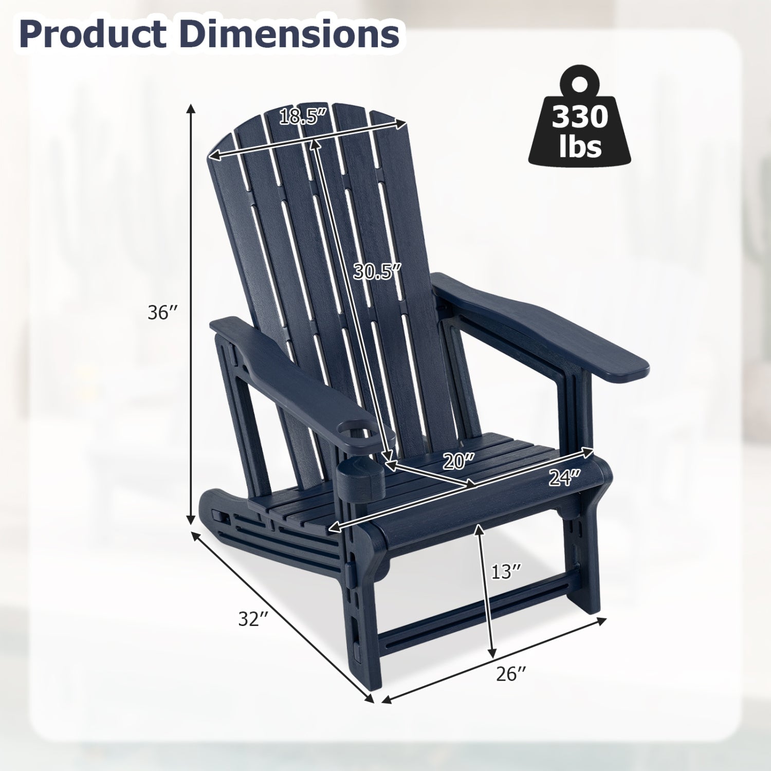 HDPE Adirondack Chair with Cup Holder and Wood-Like Texture High Back for Garden -Blue