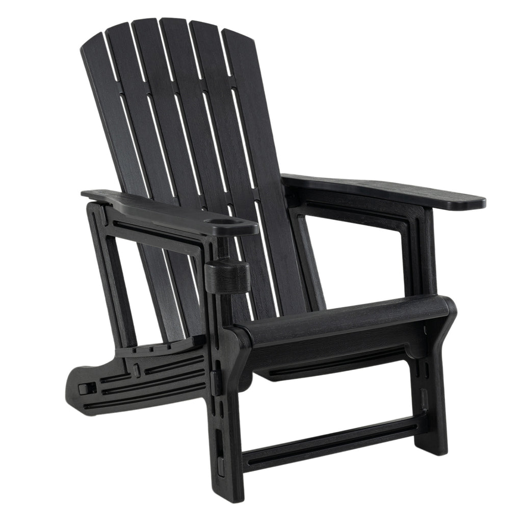 HDPE Adirondack Chair with Cup Holder and Wood-Like Texture High Back for Garden-Black