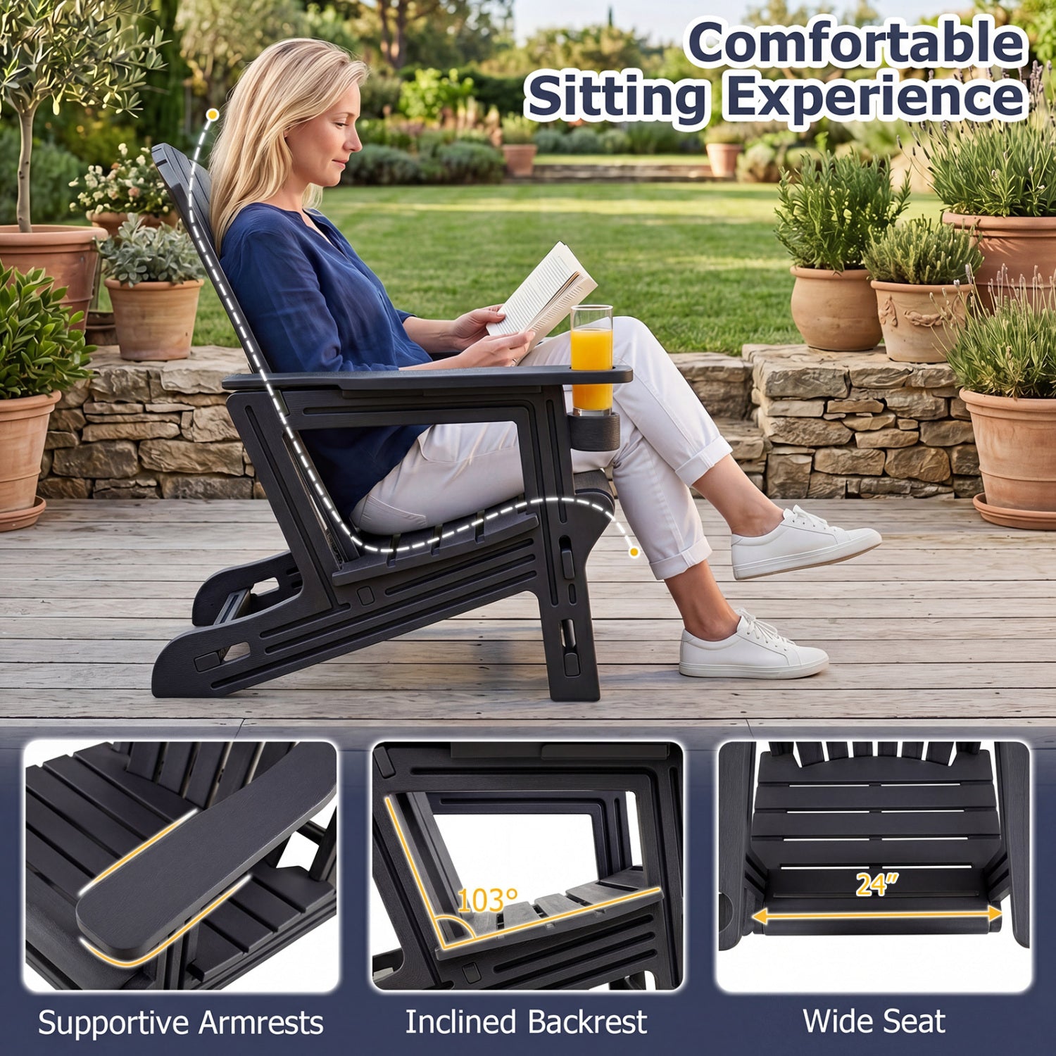 HDPE Adirondack Chair with Cup Holder and Wood-Like Texture High Back for Garden-Black