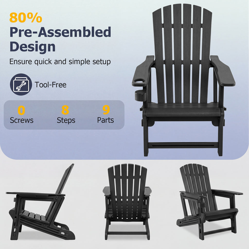 HDPE Adirondack Chair with Cup Holder and Wood-Like Texture High Back for Garden-Black