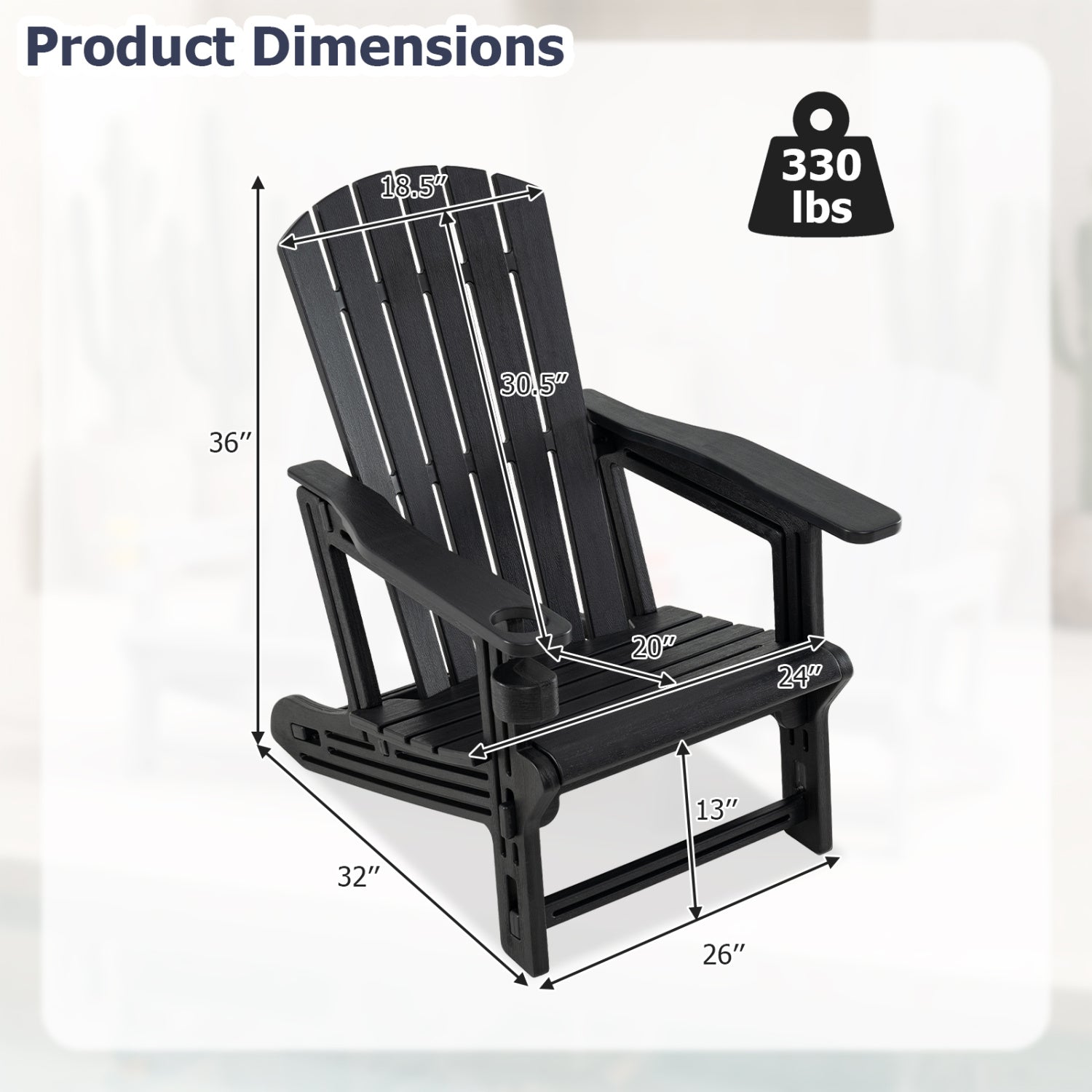 HDPE Adirondack Chair with Cup Holder and Wood-Like Texture High Back for Garden-Black