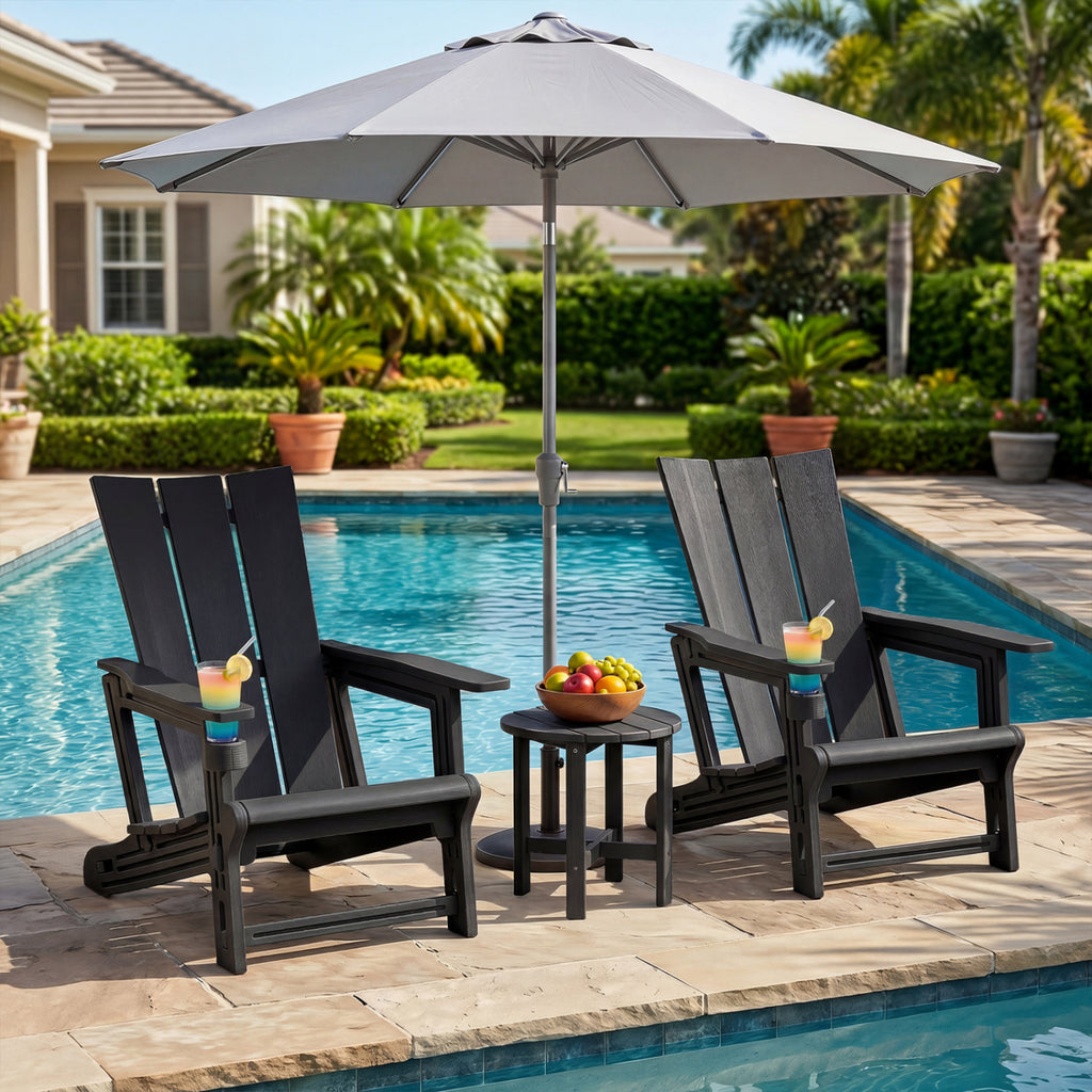 HDPE Outdoor Adirondack Chairs with Cup Holder-Black