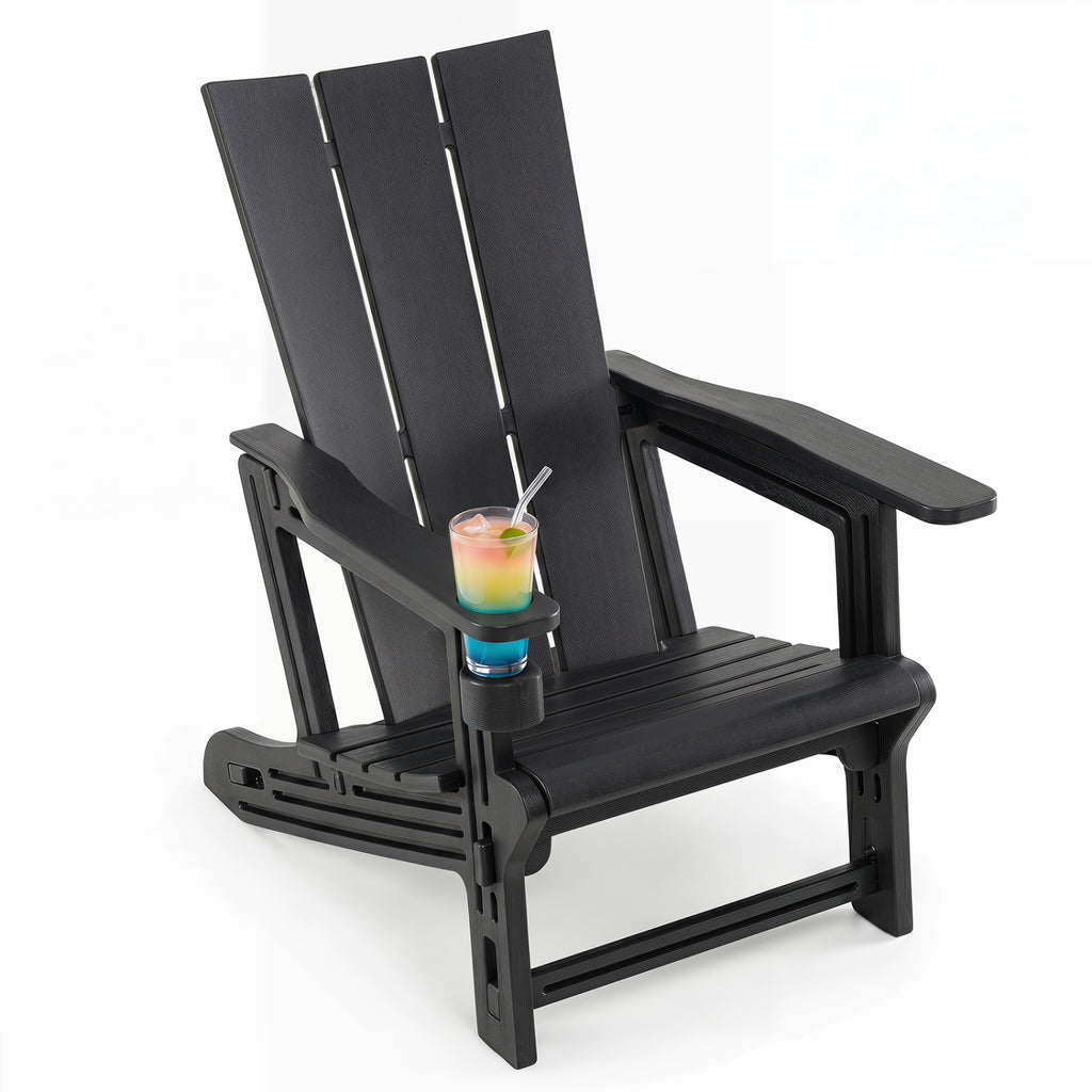 HDPE Outdoor Adirondack Chairs with Cup Holder-Black