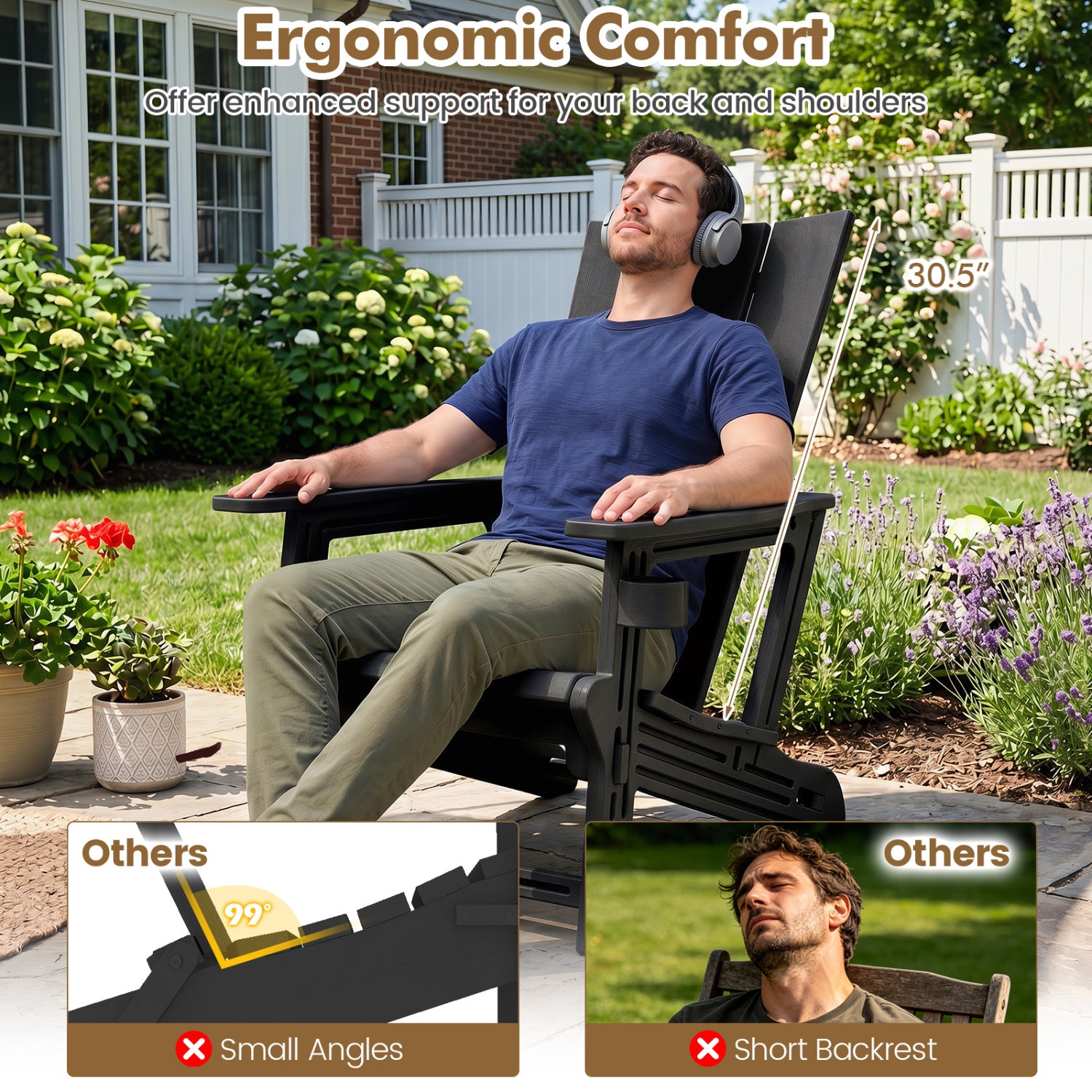 HDPE Outdoor Adirondack Chairs with Cup Holder-Black
