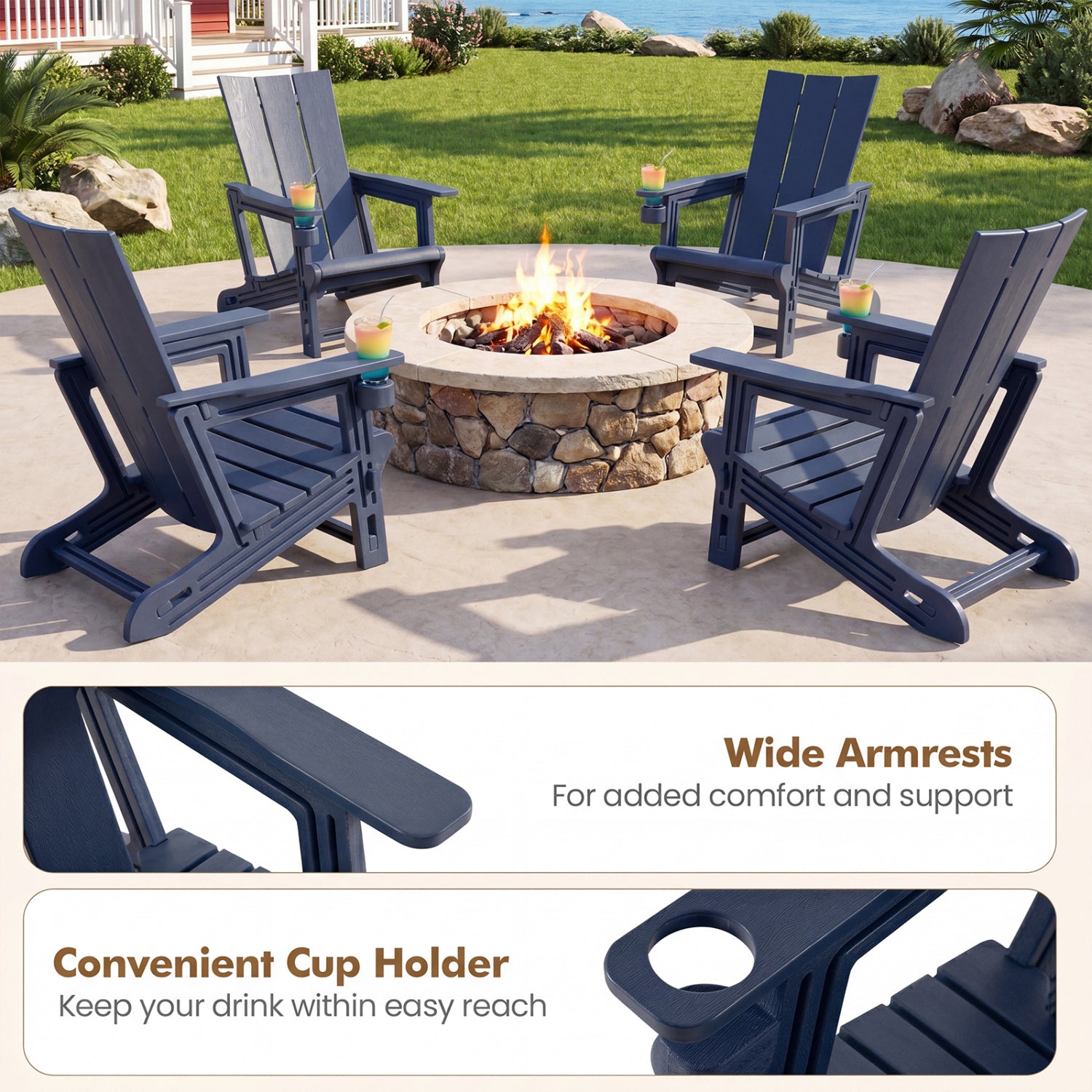 HDPE Outdoor Adirondack Chairs with Cup Holder-Blue