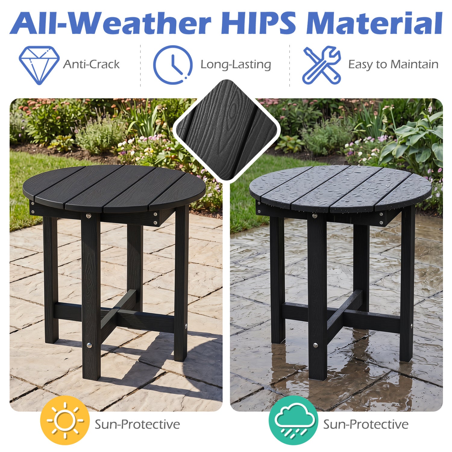 HIPS Adirondack Side Table with Weather-Resistant and Waterproof Top-Black