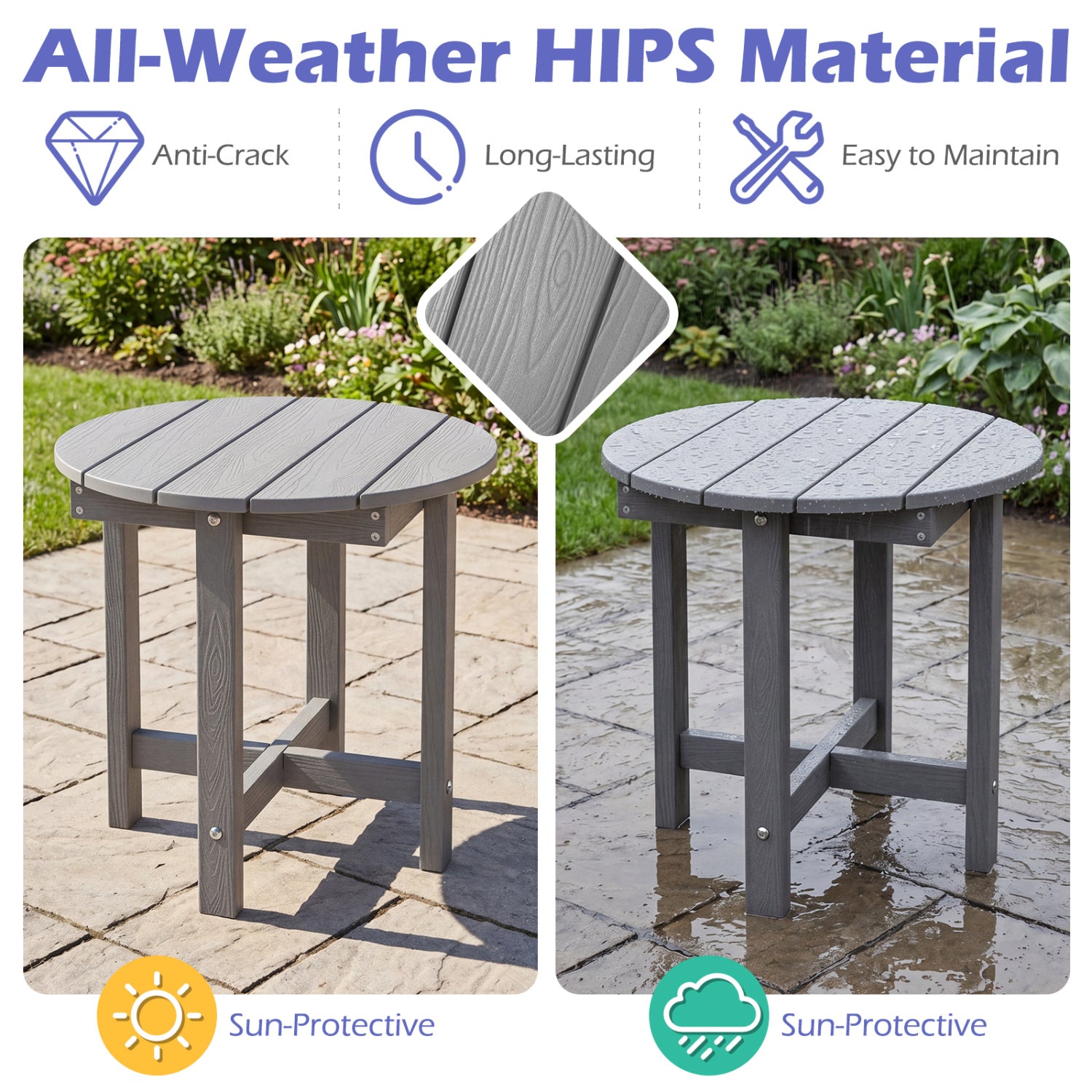 HIPS Adirondack Side Table with Weather-Resistant and Waterproof Top-Gray
