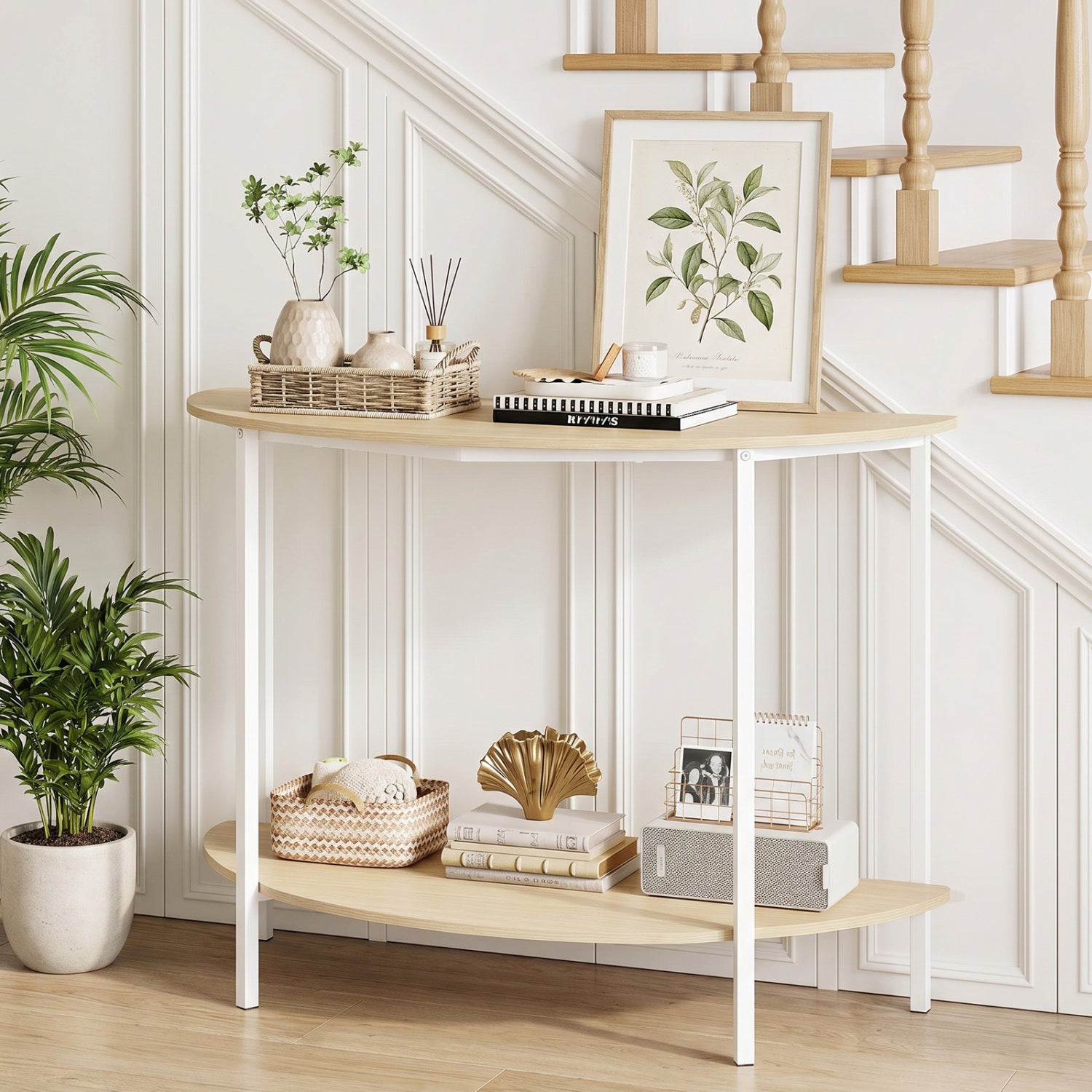 Half Moon Console Table 40 inch 2-Tier Entryway Table with Storage Shelf-Oak