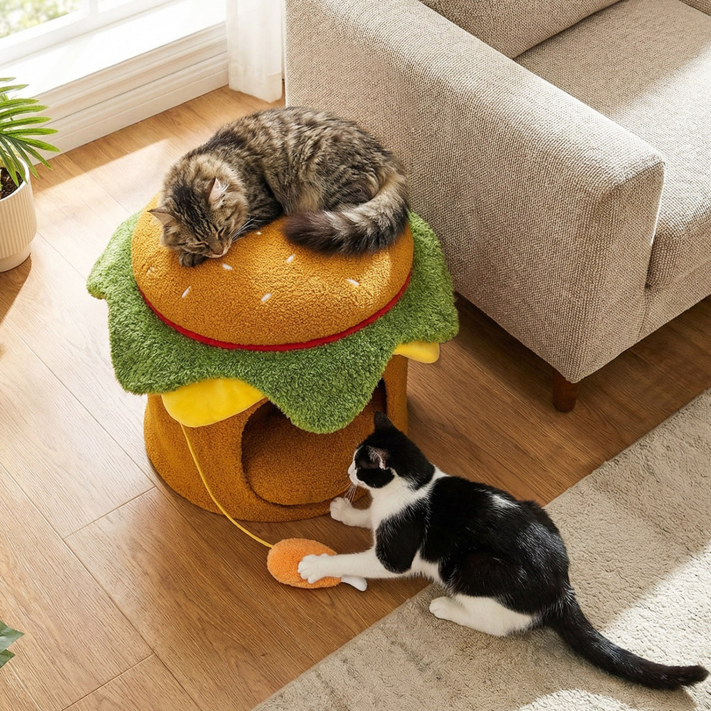 Hamburger Cat Nest with Chicken Drumstick Toy and Removable Cushion for Indoor Cats-Yellow
