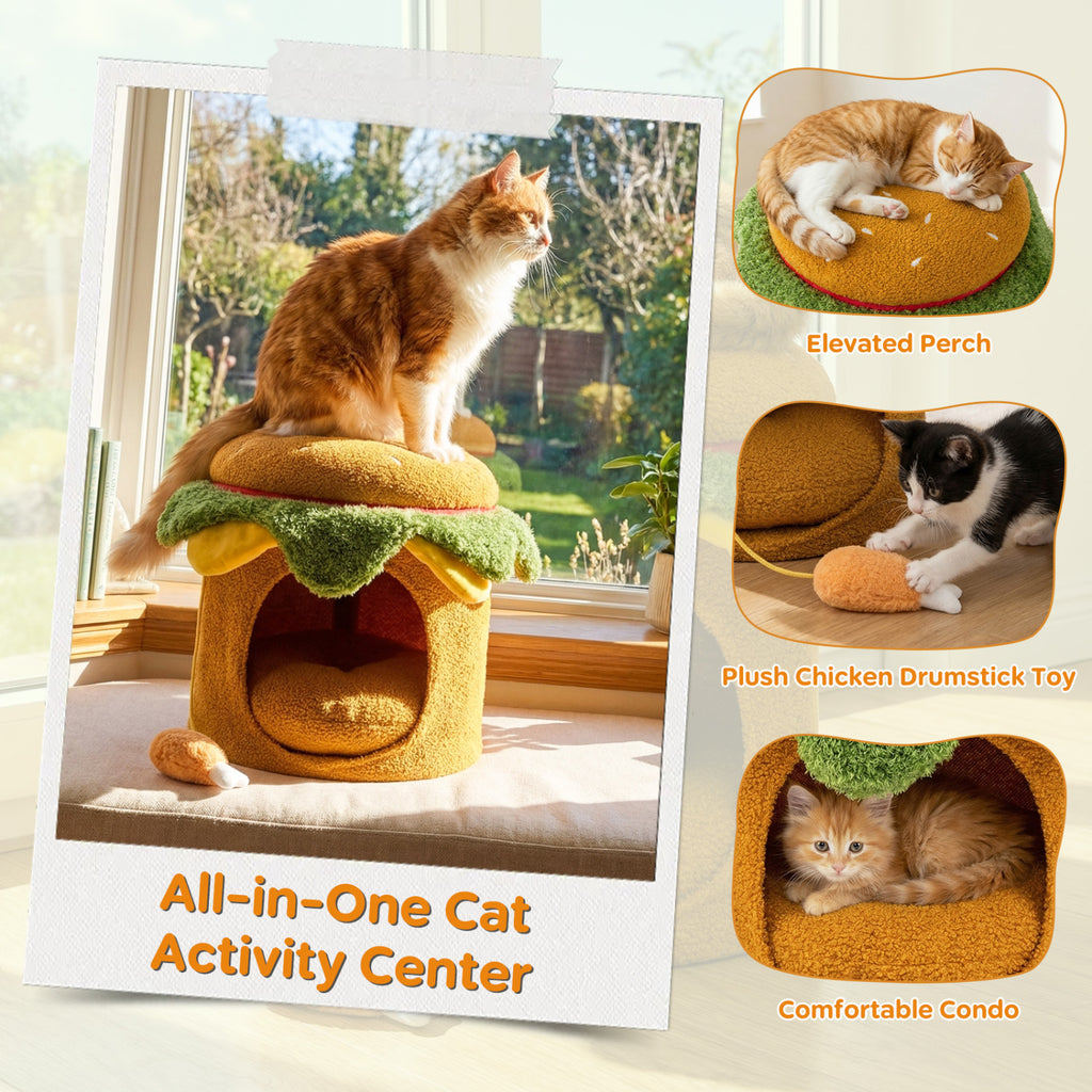 Hamburger Cat Nest with Chicken Drumstick Toy and Removable Cushion for Indoor Cats-Yellow
