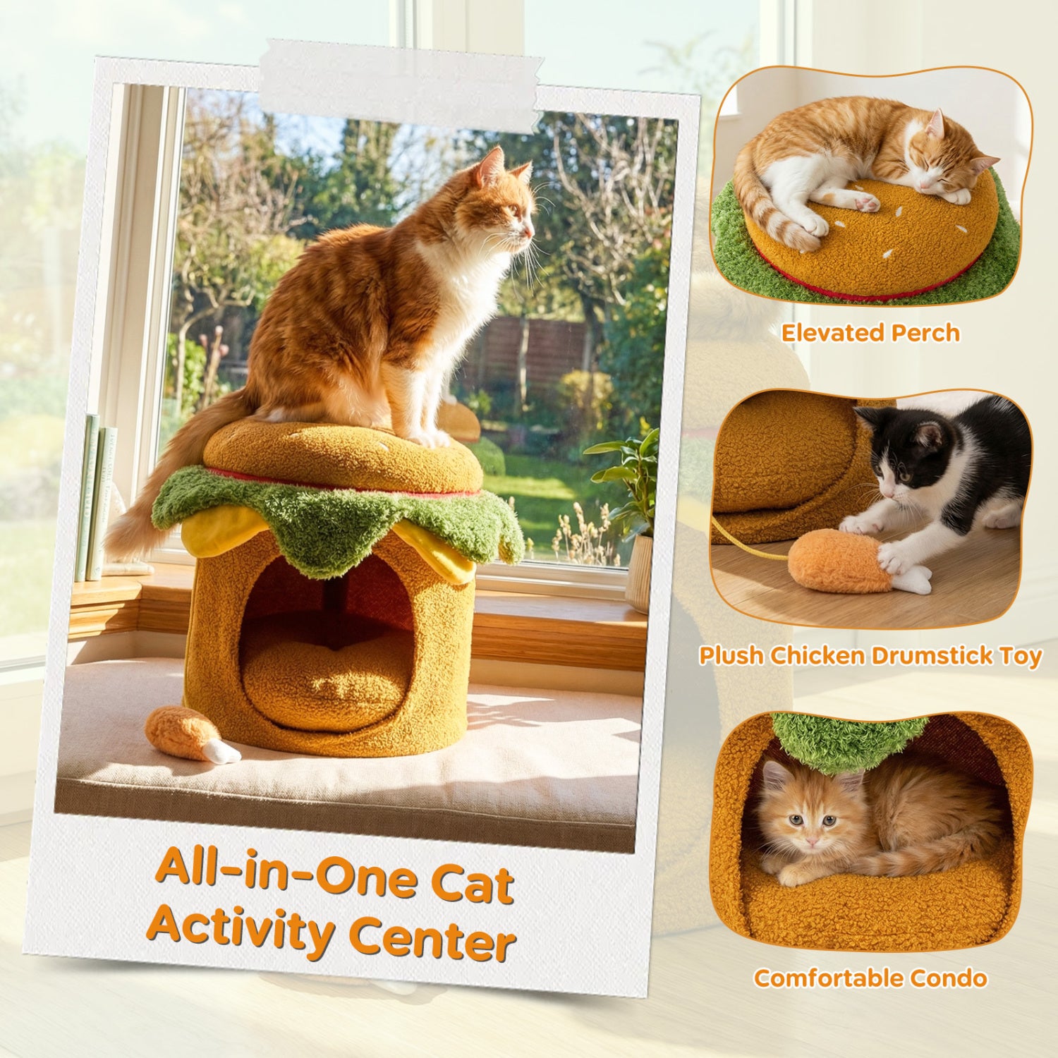 Hamburger Cat Nest with Chicken Drumstick Toy and Removable Cushion for Indoor Cats-Yellow
