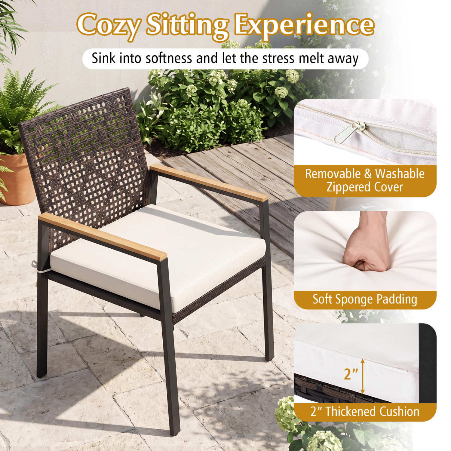 Hand-Woven PE Patio Dining Chairs Set of 4 with Acacia Wood Armrests for Yard-Beige